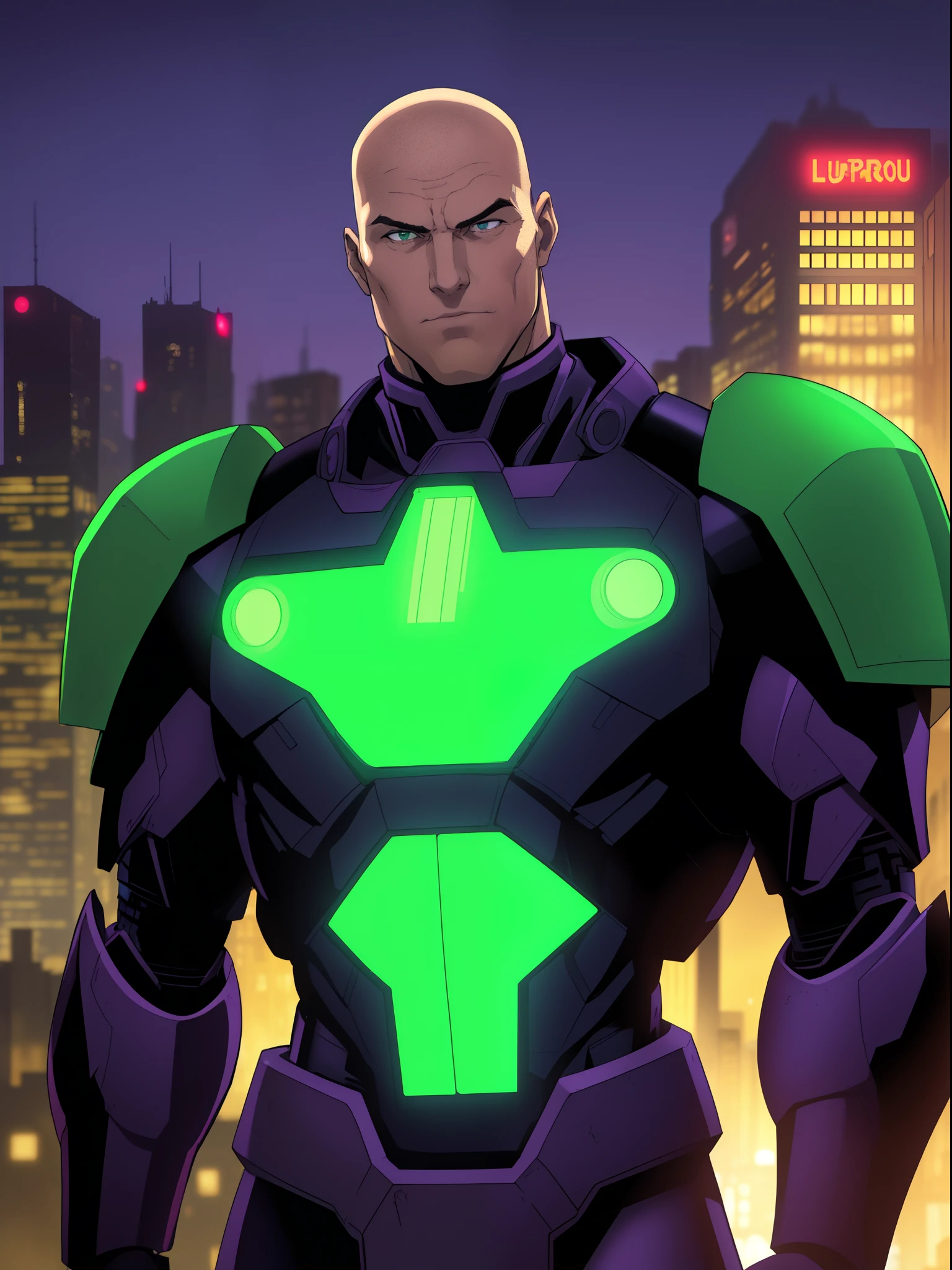 1 man, solo, upper body shot, Lex Luthor, bara, middle-aged man, tall, bald head, square jawline, lean muscle, broad shoulder, emotionless face, bald head, no hair, wearing a giant dark dark purple and neon green high tech mech warsuit lines, Metropolis city in the background, morning,
