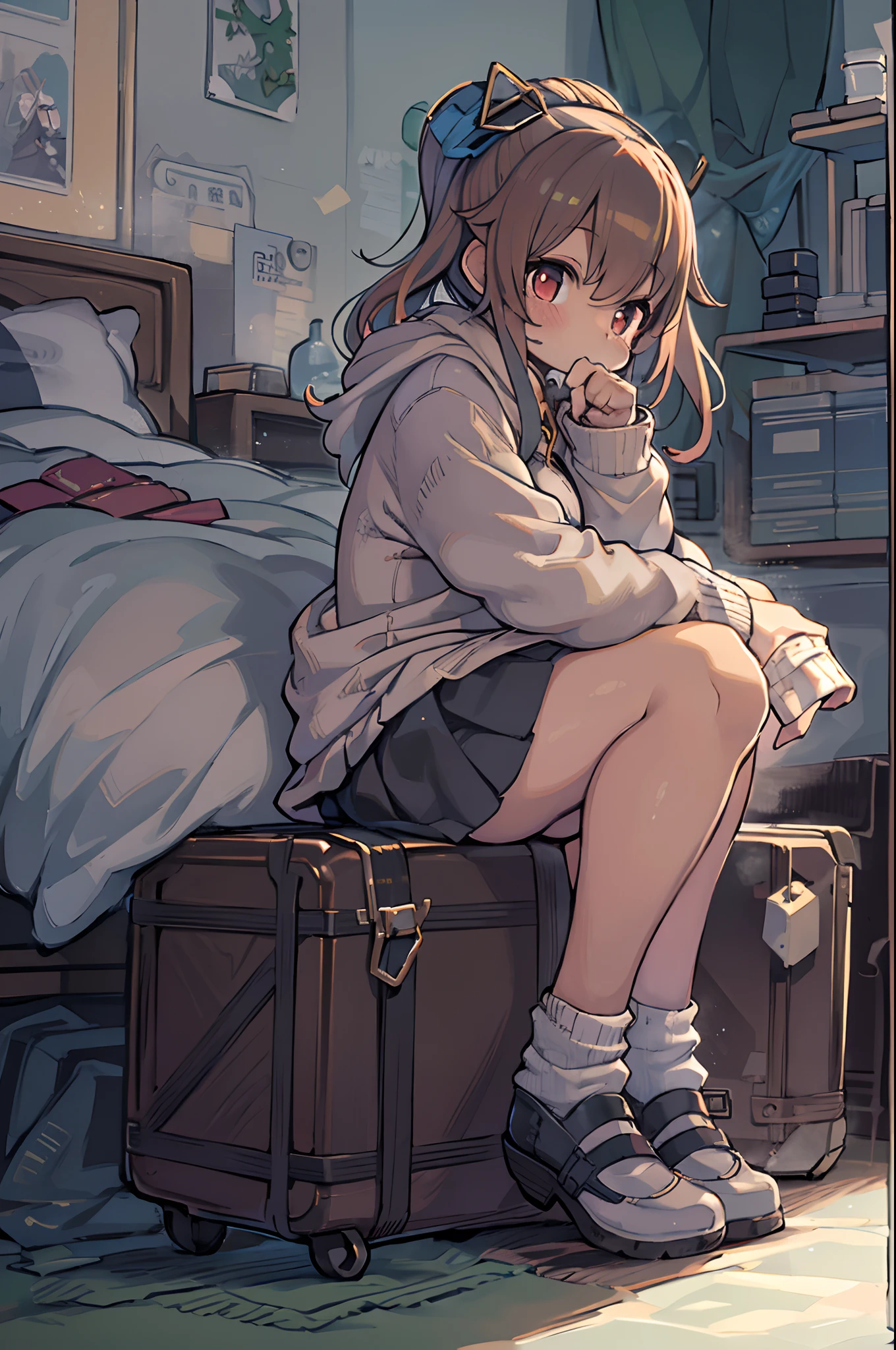 Anime girl sitting on bed with suitcase background, the anime girl is crouching, Female protagonist 👀 :8, beautiful anime girl squatting, from girls frontline, Seductive anime dick girl, a female anime character, Anime. Soft lighting, 4k anime wallpaper, guweiz on pixiv artstation, badass anime 8 K, Rin