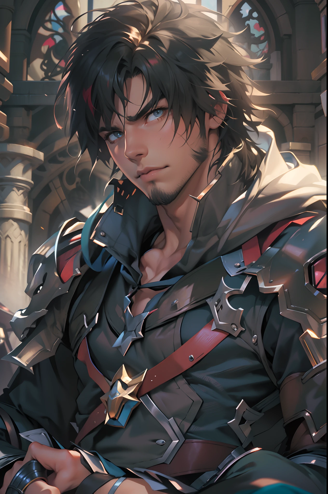 (absurdos, Altas Resoluciones, Ultra detallado, HDR), Obra maestra, La mejor calidad, final fantasy xvi, clive rosfield, 1hombre solamente, guapo, pelo corto, cabello negro, Ojos azules vibrantes, ojos finos y cara detalladas, Armadura, ((Arma intrincada)), Sentado en el trono, piernas abiertas, sonrisa afectada, molesto. Final Fantasy, clive rosfield,, abs, badass pose, Chico de anime en una cama con las manos en la cabeza, Hermosa pose de anime, Anime hombre guapo, Personaje masculino de anime, Badass Anime 8K, Arte detallado del personaje de anime, Concepto de anime HDR Anime MacManus, Chico anime, Ikuto Yamashita, Anime CG arte suave, Fondo de pantalla de manga 4 k, inspirado por Yamagata Hiro, Wallaper de anime