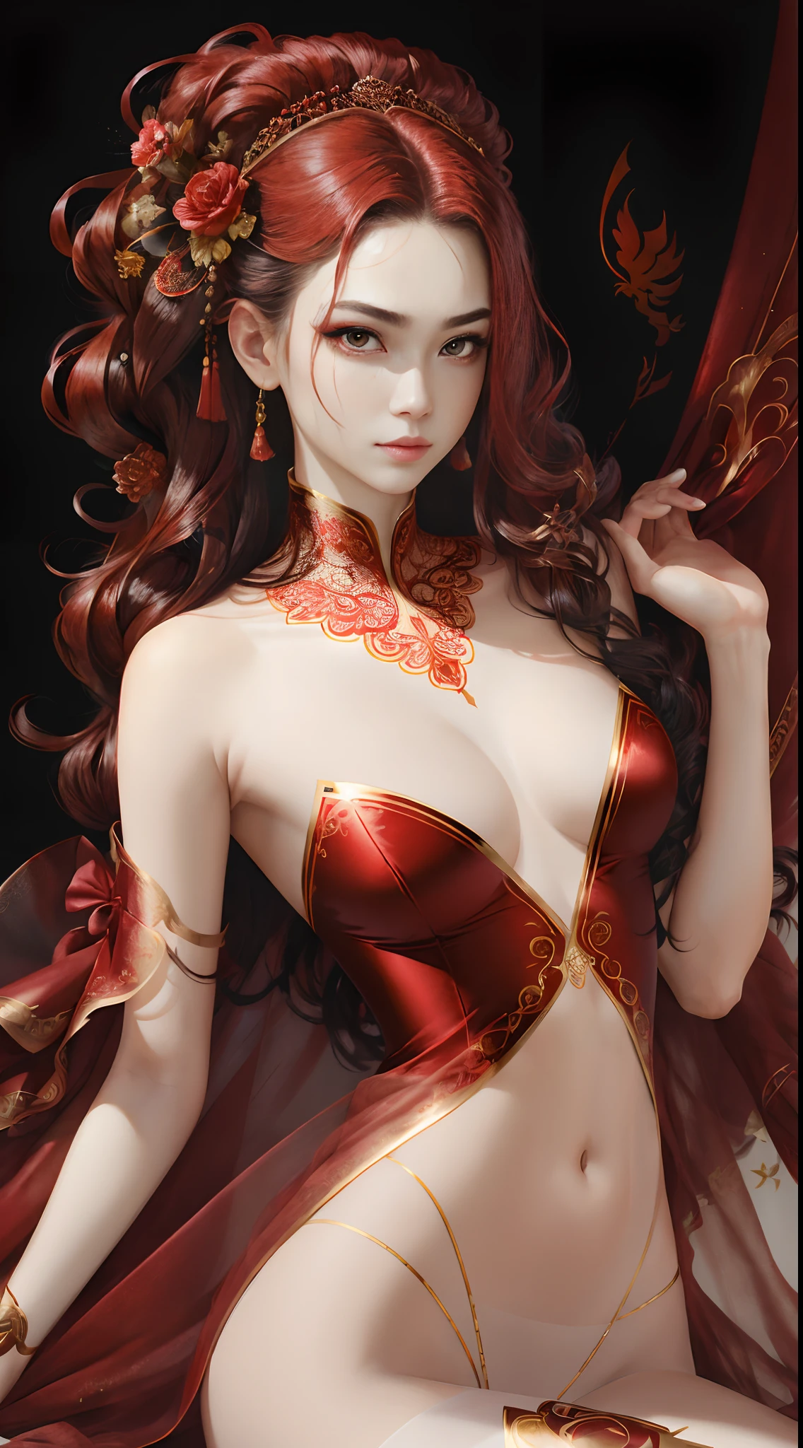 8K,Beautiful portrait with crimson hair,iintricate,ellegance,Highly meticulous,A majestic,Digital photography,Atkin and Nguyen Jia, and artistic surrealist paintings by Greg Rutkowski, Gold-plated phoenix silk trimmed garment,Red tulle ribbon,(Gilded decorations on clothes occupy most of the area,Gold combined with tulle),There are few garment fabrics,,The clothes exposed most of the body,brokenglass,(tmasterpiece,Sideslit,exquisite and beautiful eyes:1.2 ), Human Development Report,Gold tulle tights,Exposes the skin around the waist,Waist exposed,Chest penetration,Exposing the skin of the chest,Shoulders exposed,The expression is serious,