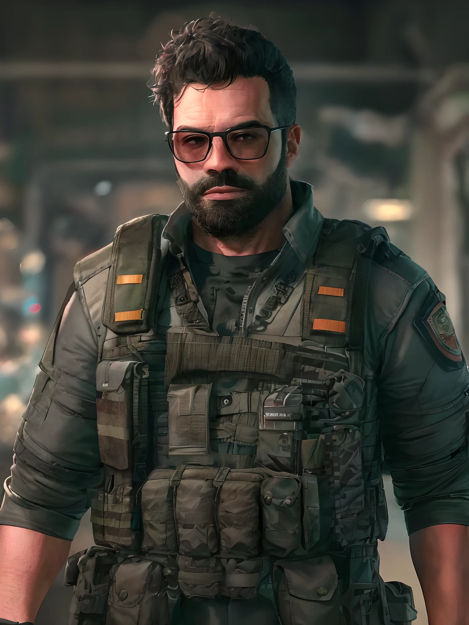 4k UHD High Detail Gross Cinematic Art ((parte superior do corpo)) uma pintura de 1homem, sozinho, beard and spiked headglasses, inspirado em Resident Evil, vestido como CSGO;, Contra-ataque: OFENSIVA GLOBAL, Costumes and accessories. Esta obra-prima deve ser renderizada em 3D com qualidade excepcional, Achieving an 8K resolution and emphasizing intricate detail, must be in a hero's pose, segurando uma granada, and wearing a military vest and glasses with minute detail. Image composition should be centered, highlighting the character's expression and wealth of detail. Adicionalmente, Consider creating this art as high-resolution art (8k) illustration suitable for Telegram stickers, mantendo os requisitos de design do Telegram em mente. This stunning depiction of a Resident Evil male in a cinematic style will meet the highest standards of quality and detail ((Pivalora))