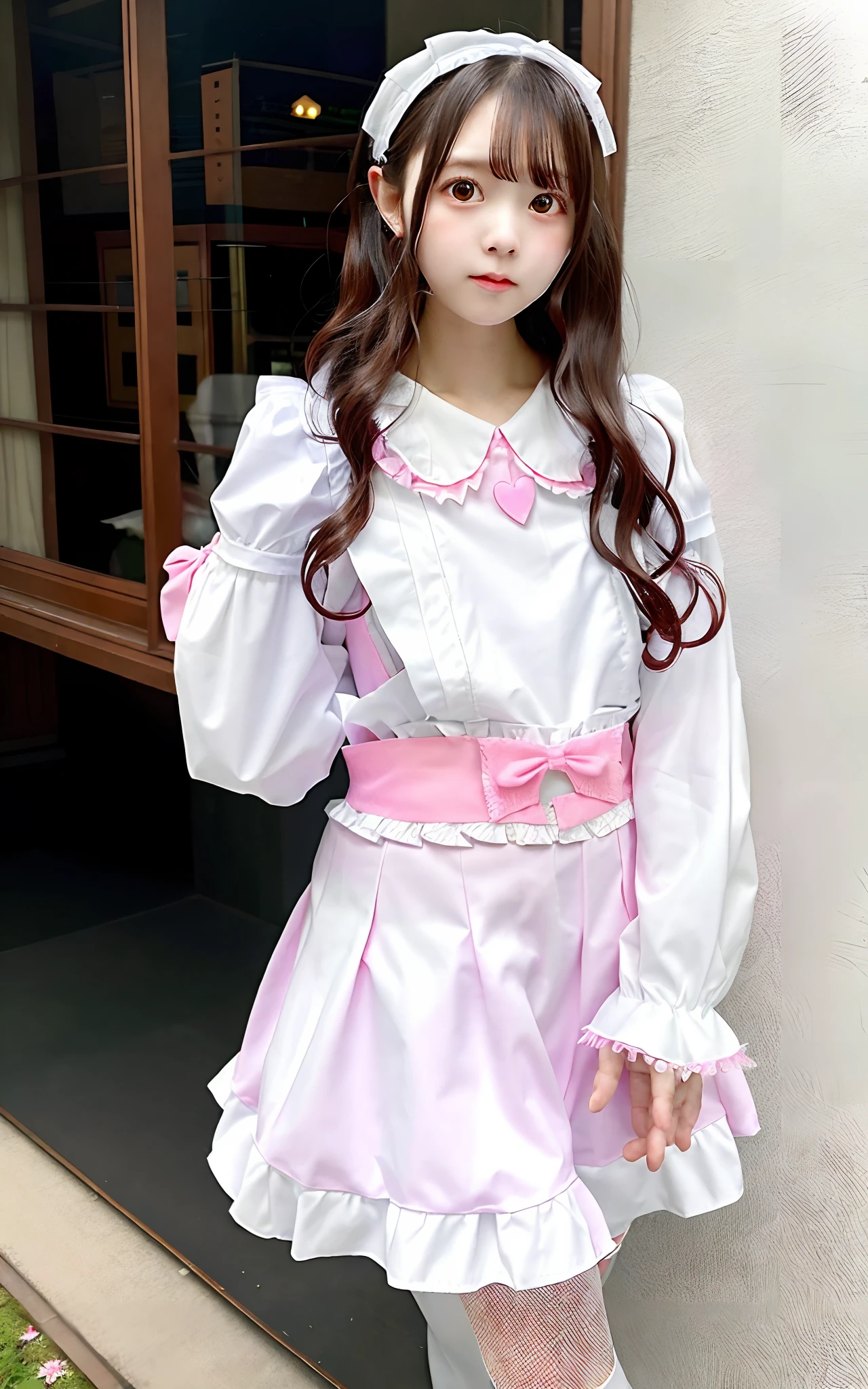 Alafe girl in white shirt and pink skirt poses for photo, ta style, Loliashion, cute kawaii girl, Kawaii Style, frilled blooming collar, sakimichan, creepy kawaii, komono, maid clothes, very beautiful cute catgirl, fantasy outfit, Cute style of Japan, white and light-pink outfit, frilly outfit