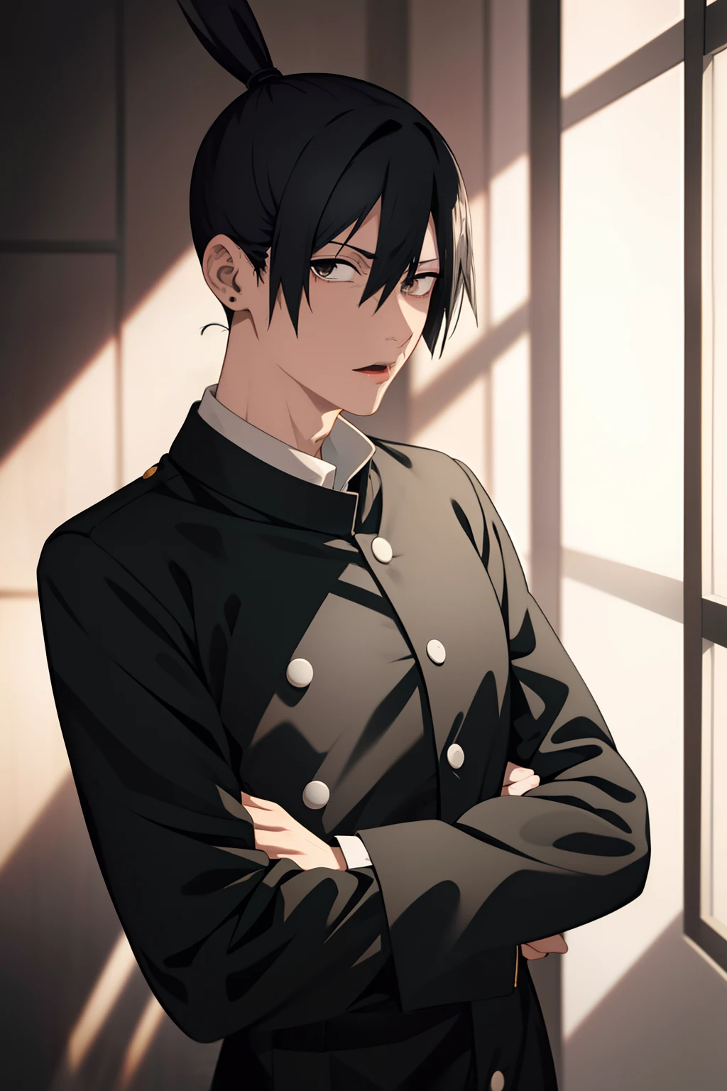 masterpiece, best quality, high quality, 1boy, solo, male focus, looking at viewer, upper body, kokichi muta , topknot,a slim young man with light peach skin and piercing brown eyes. He has black hair tied into a knot on top of his head white vercolored headband , jujutsu kaisen anime uniform white belt long black uniform full size