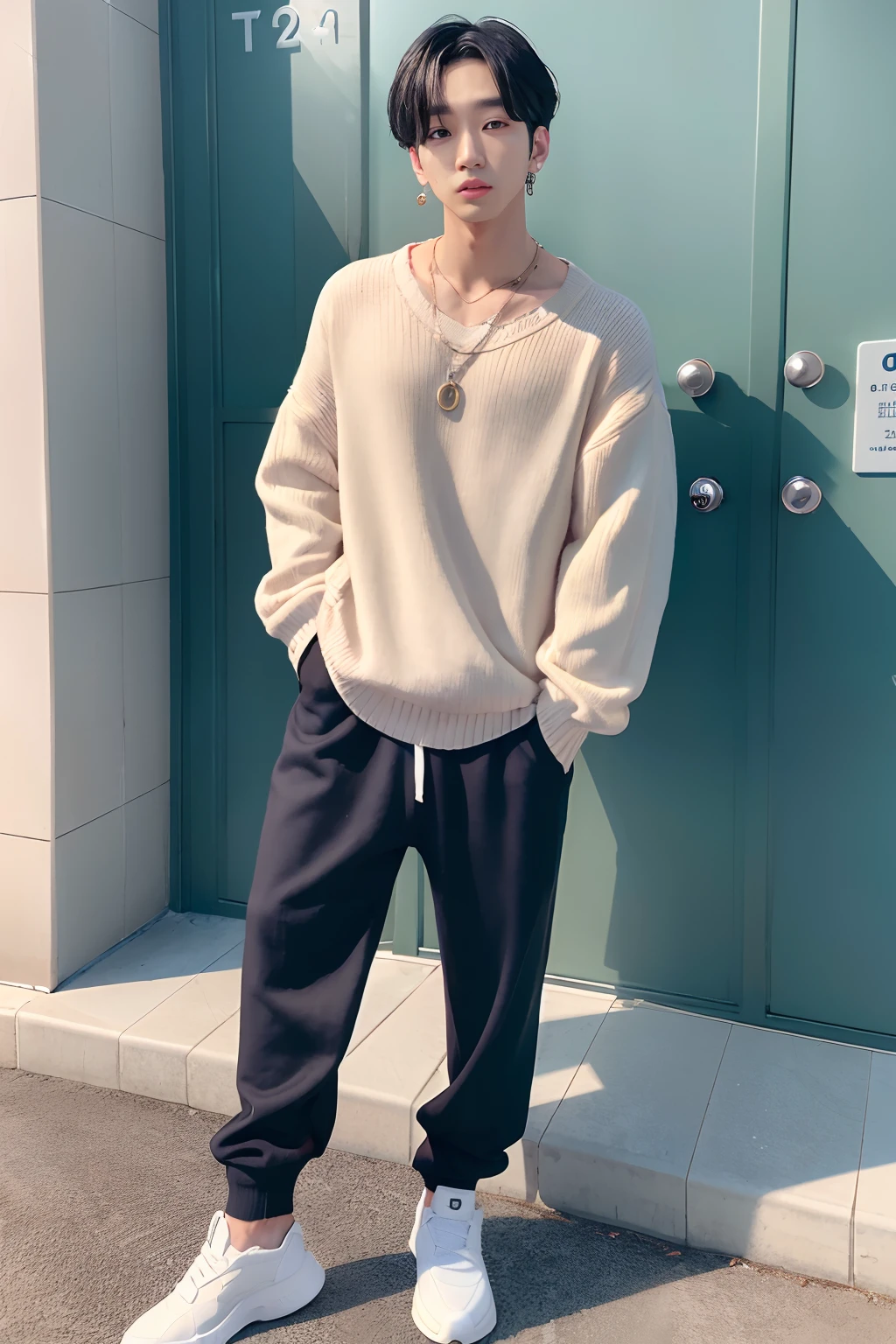 Full body photo of person posing everyday with necklace in knitwear, jungkook, Hyuntae, portrait of jossi of blackpink, taejune kim, Cai Xukun's, key still, BTS, Kim Do-yeon, Photo Shot, ten lee, portrait of kpop idol, nffsw, Human texture, Human hair, 1Men of men, 二重まぶた, Cool Men, 26 year old, More realistic hair, No bangs