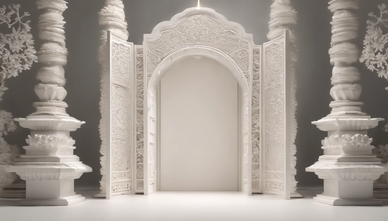 3D white pop-out carving of a javanese gates, open gates, no object on the center, on the left side there is a torch pole, on the left side there is also a torch pole, rounded rectangle name plate, blank name plate, relief surround name plate, meticulously carved, white ivory carving, minimalistic, white spaces, pastel, javanese style, blank background, multidimensional paper fog crafts, paper illustration, portrait angle view, surabaya, 8k,chick, elegant, satisfying, forrestrial, high resolution, 8k