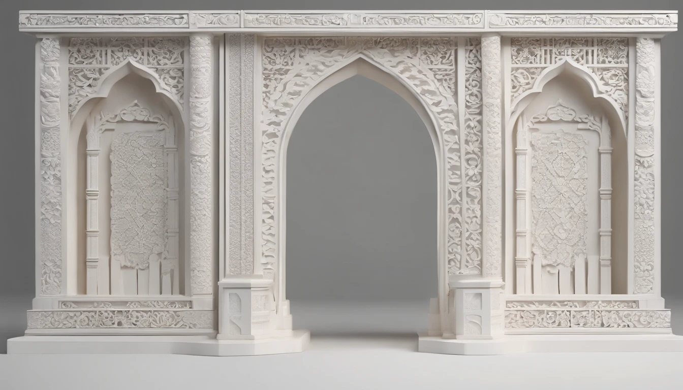 3D white pop-out carving of a javanese gates, open gates, no object on the center, on the left side there is a torch pole, on the left side there is also a torch pole, rounded rectangle name plate, blank name plate, relief surround name plate, meticulously carved, white ivory carving, minimalistic, white spaces, pastel, javanese style, blank background, multidimensional paper fog crafts, paper illustration, portrait angle view, surabaya, 8k,chick, elegant, satisfying, forrestrial, high resolution, 8k