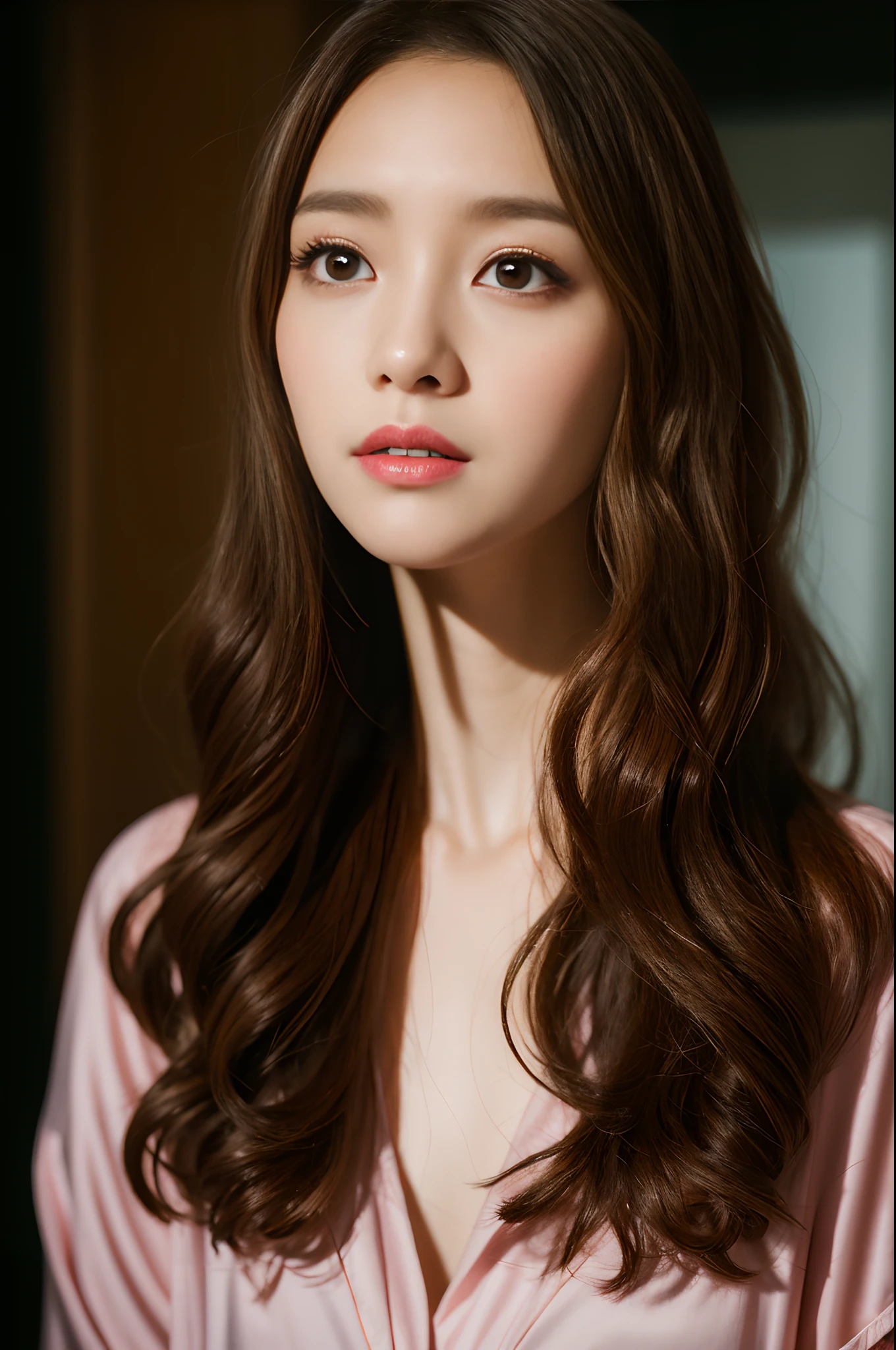a closeup, ​masterpiece, top-quality, Raw foto, Photorealsitic, (Looking down at the camera)、unbelievable Ridiculous, beautiful a girl, lightbrown hair、Curly hair、Middle hair、Minimal Breast, Pink Silk Pajamas、Hands on chest、depth of fields, hight resolution, ultra-detailliert, finely detail, ighly detailed, extremely detailed eye and face, Sharp pupils, foco nítido, Cinematic lighting、Model body type