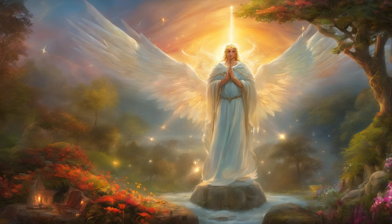 Closeup of an image of a guardian angel man praying and blessing, arcanjo homem com asas grandes, o anjo da fortuna, perfeito, Reslistic, Biblical setting, celestial scenery, sol e nuvens ultras realistas, flores e velas, illuminated archangel of heaven, Passes em segundo plano, flores coloridas, velas acesas