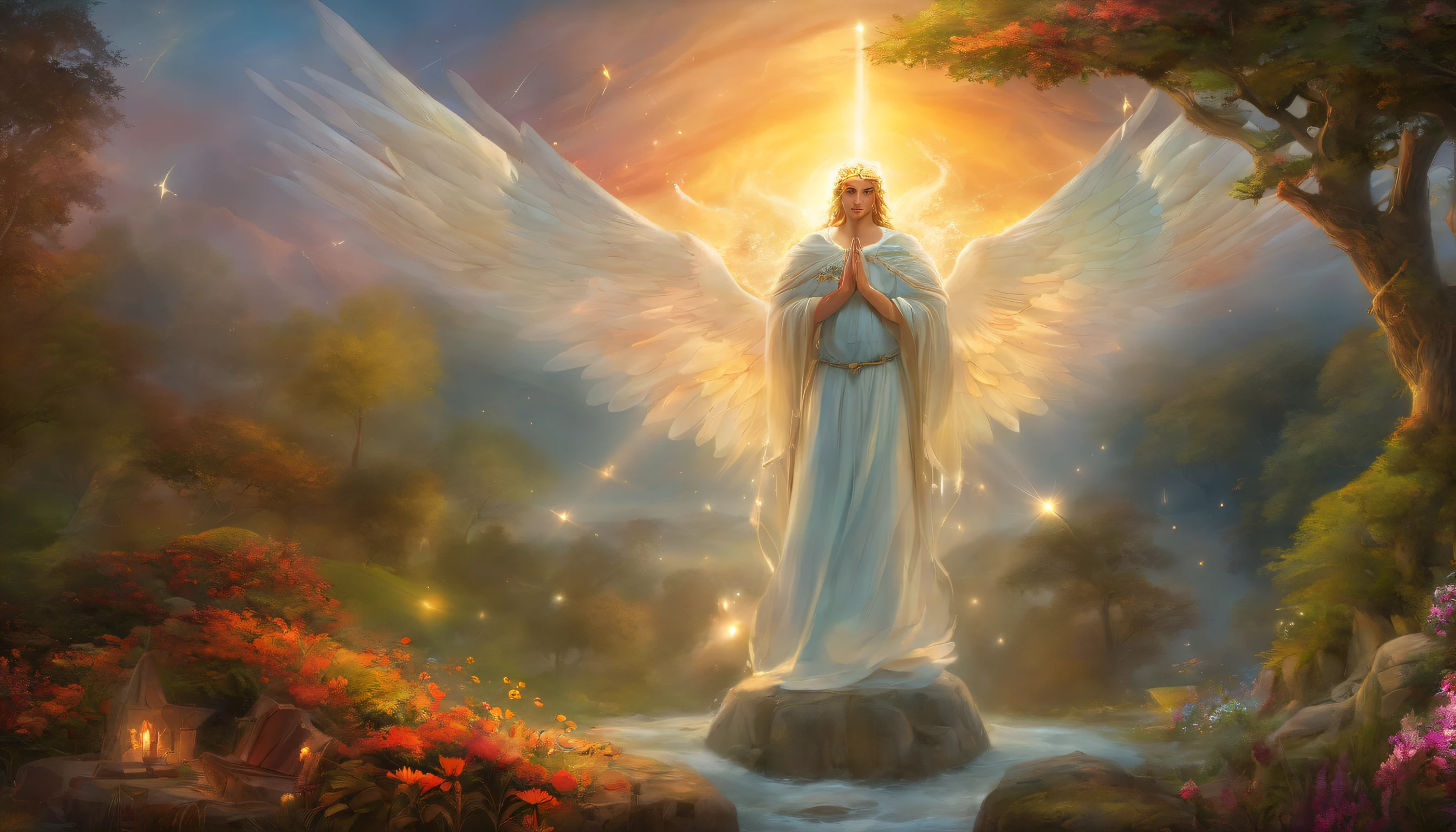 Closeup of an image of a guardian angel man praying and blessing, arcanjo homem com asas grandes, o anjo da fortuna, perfeito, Reslistic, Biblical setting, celestial scenery, sol e nuvens ultras realistas, flores e velas, illuminated archangel of heaven, Passes em segundo plano, flores coloridas, velas acesas