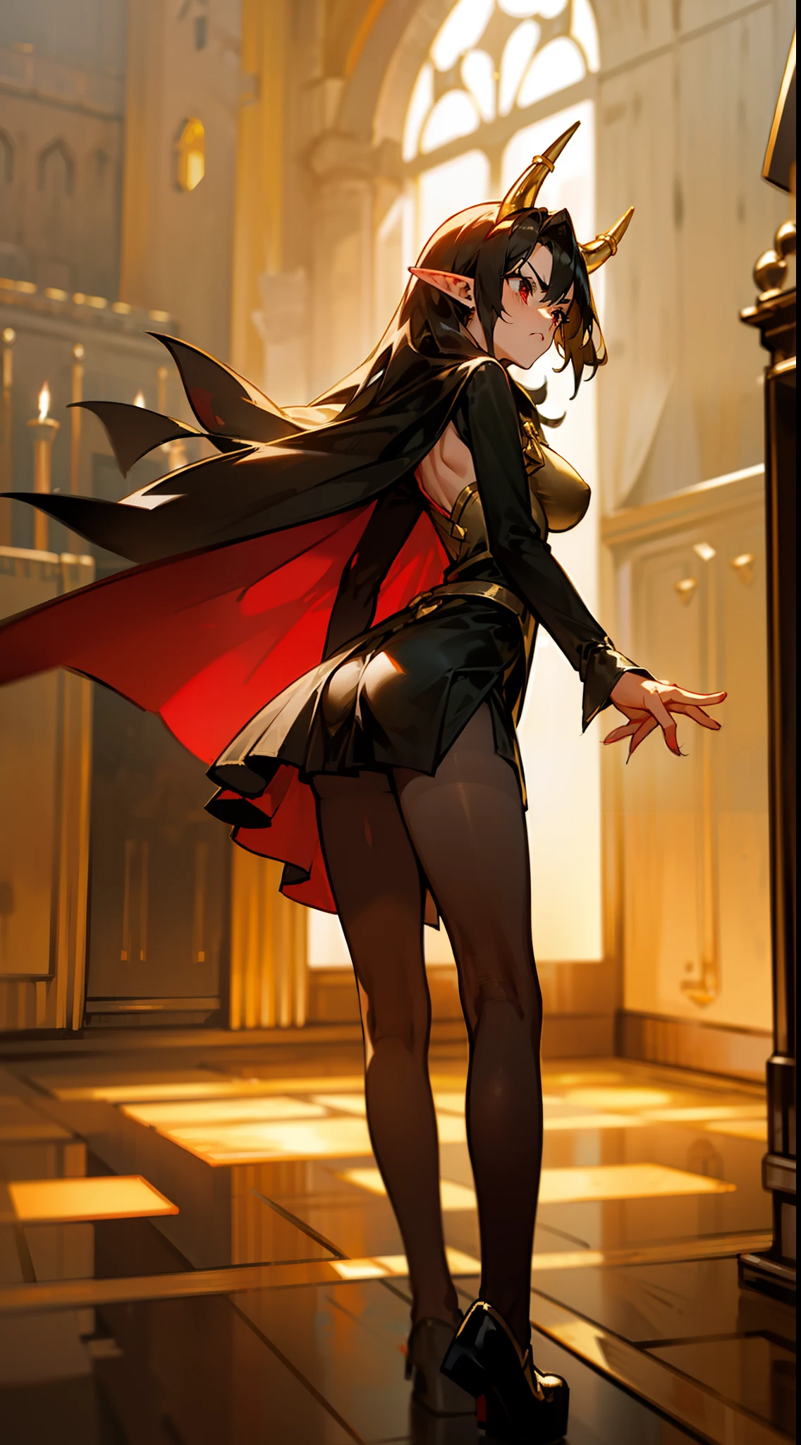 1woman,40s,solo,angry face,golden and black short dress,black skirt,medium tits,black hair,long hair,red eyes,elves ears,golden horns,pantyhose,cape,(((standing in front of a room inside a castle)))