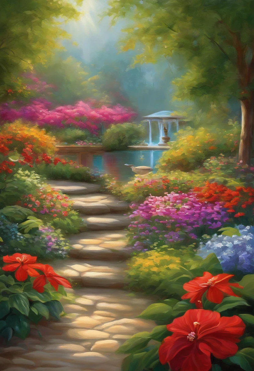 beautiful garden, vibrant flowers, lush greenery, serene atmosphere, colorful butterflies, gentle breeze, sunlight streaming through leaves, peaceful ambience, harmonious nature, intricate details, vivid colors, masterful brushstrokes, oil painting medium, high-resolution masterpiece, realistic portrayal, professional artwork, enchanting landscapes, vibrant color palette, soft natural lighting, heavenly paradise