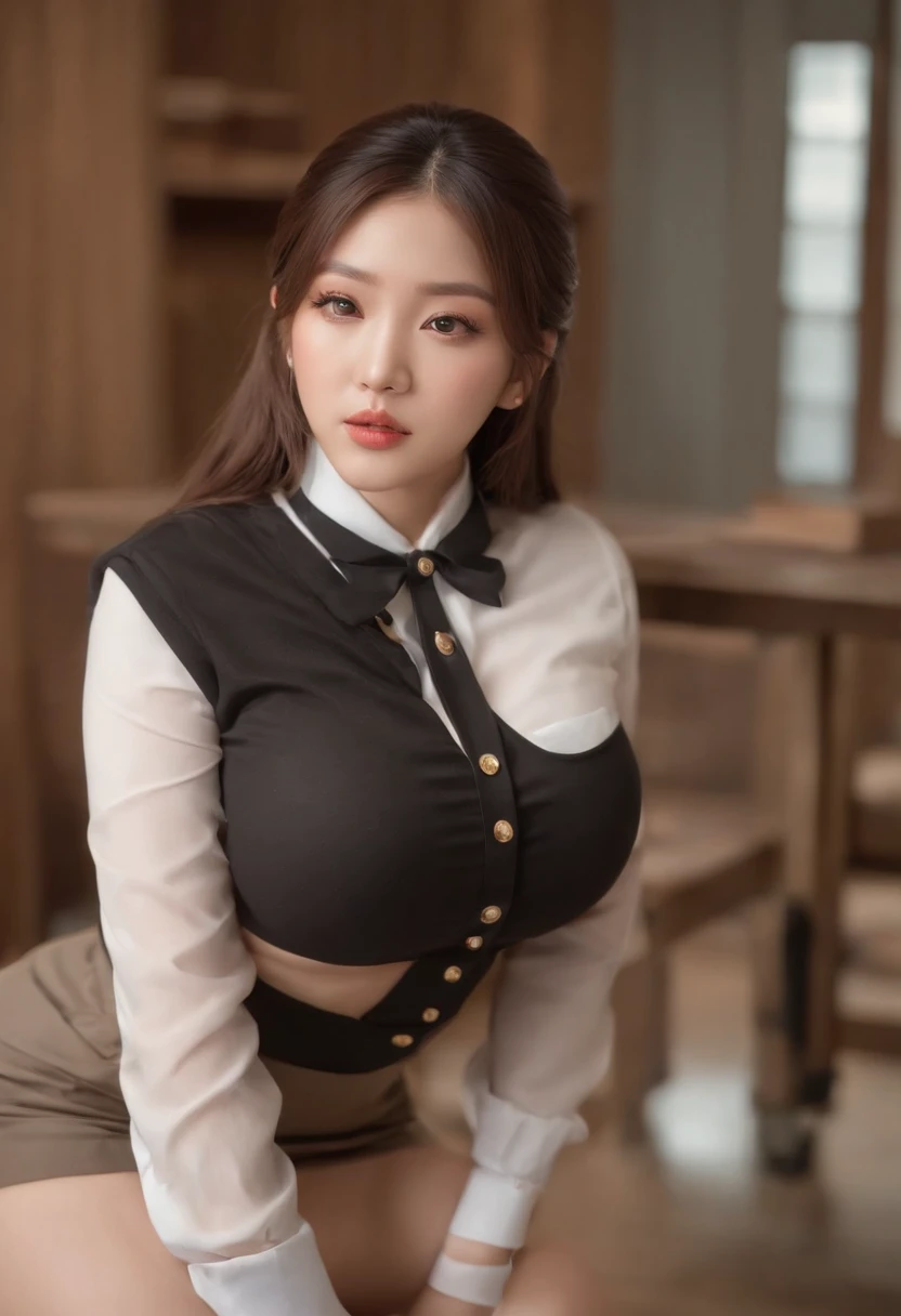 Realistic super thick plump Cardi B as Sexy Chaebol rich military school girl, black Lolita school outfit , fancy, elegant, sexslave, hentai, young girl, one girl, perfect breasts exposed, shirt unbuttoned, military blazer open, lifting her skirt exposingherpussy, shot from below, looking down on viewer, perfect Angle, highly detailed realism, cowboy shot, in Korean hogwan, realistic classroom realistic facial features realistic body, pornstar poselegs spread, in class, pantyshot, high res perfect photorealistic mixed Korean girl, crouching, sexy black thigh high stockings, super thick and curvy, tight clothes, massive cleavage, breasts exposed, extremely thick, six pack abs, topless