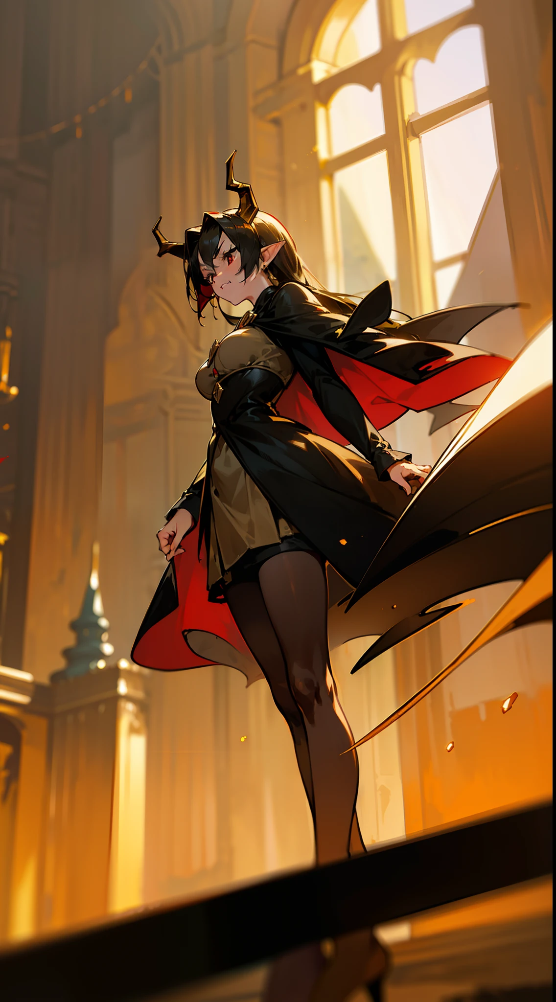 1woman,40s,solo,angry face,golden and black short dress,black skirt,medium tits,black hair,long hair,red eyes,elves ears,golden horns,pantyhose,cape,(((standing in front of a room inside a castle)))