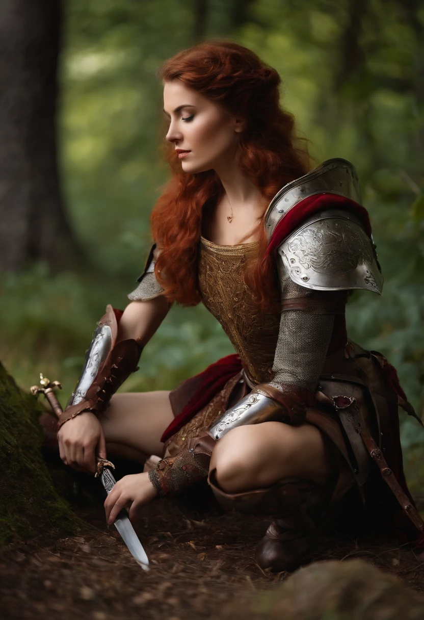 create for me an image of a woman in medieval armor, she is resting on her knees and has her sword stuck in the ground