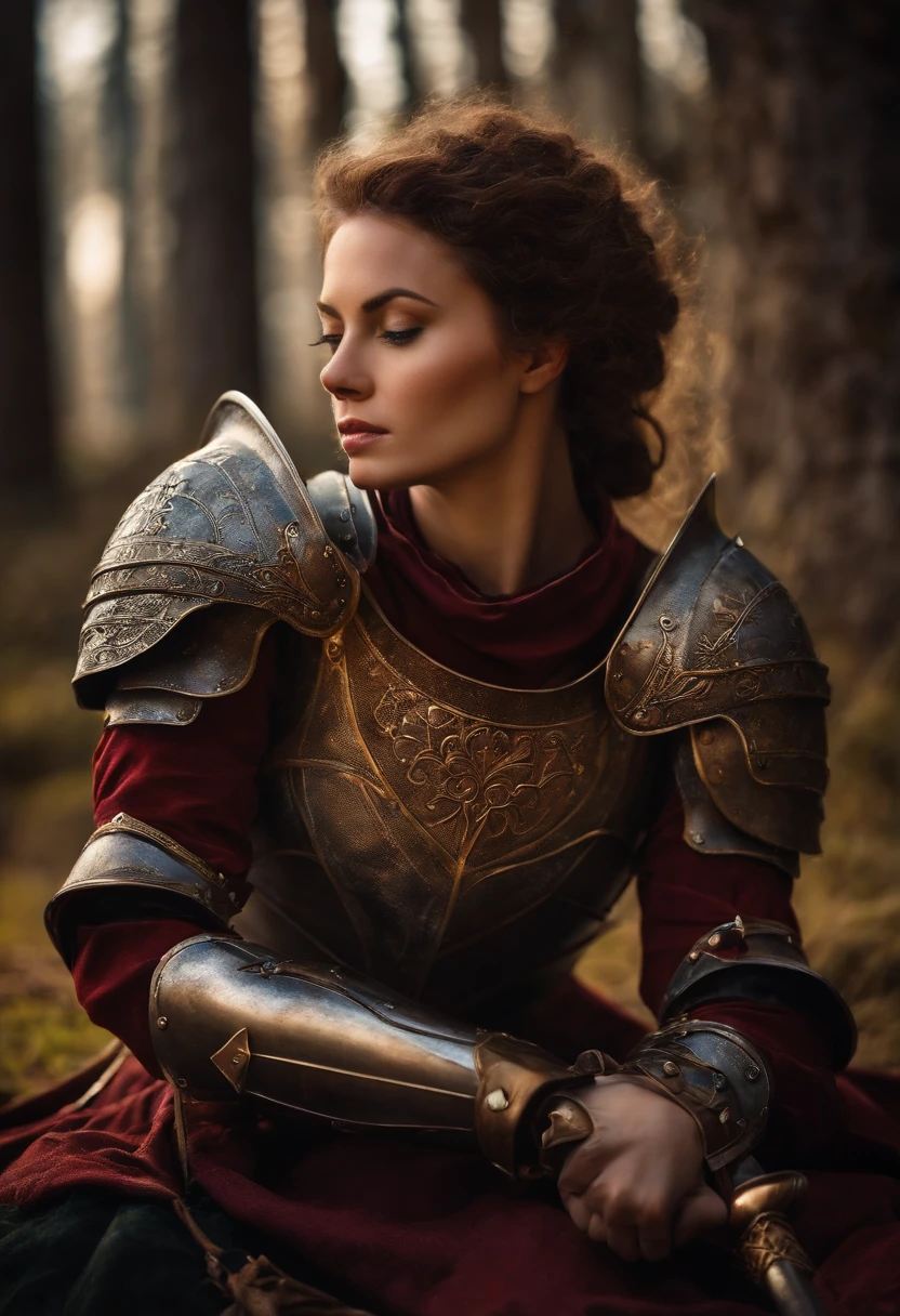 create for me an image of a woman in medieval armor, she is resting on her knees and has her sword stuck in the ground