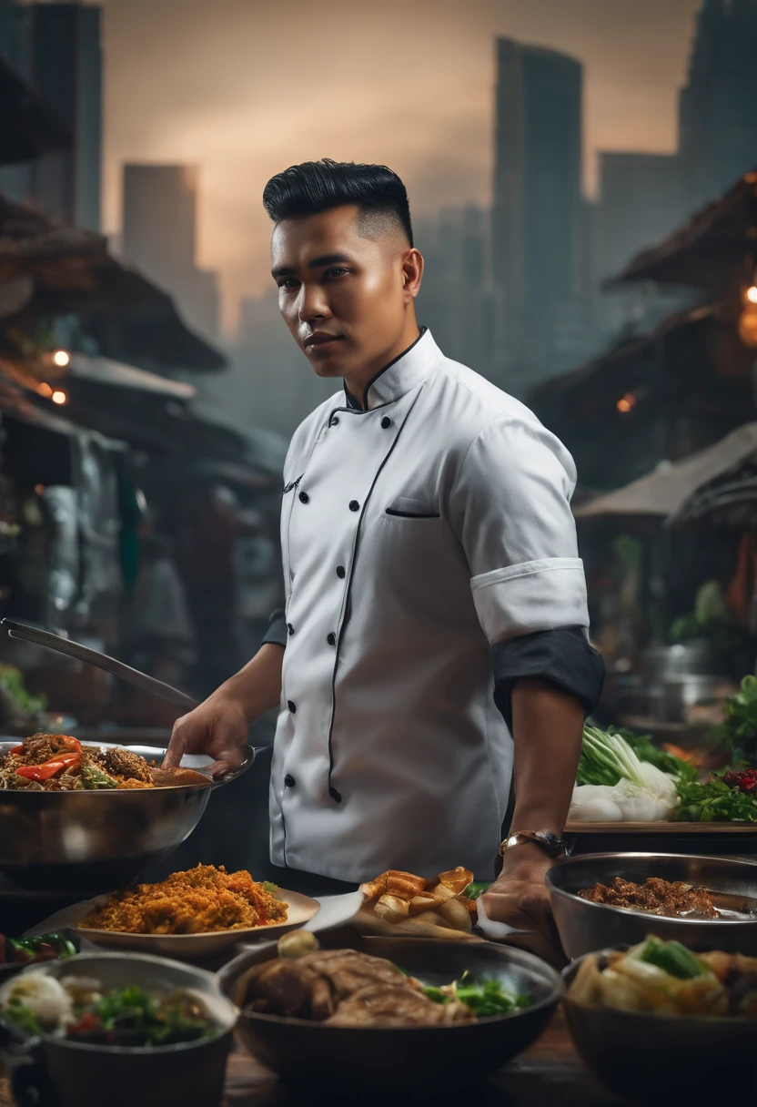 Create an image of an indonesian chef About 25-30 years old. Standing in from of camera. Behind there should be a cyberpunk city . Chef wears a jeans pants and a white shirt.