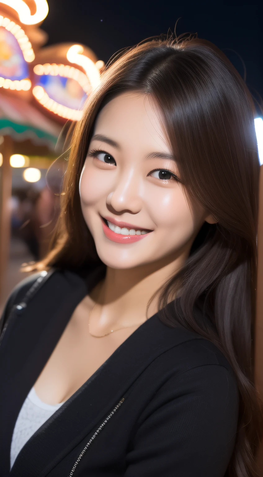 Made my girlfriend, a Korean girl, About 25 years old, Bust size 34 inches, Fair and beautiful, idoly, curlies, Smile, In the amusement park, Night, Close-up portrait, 8K