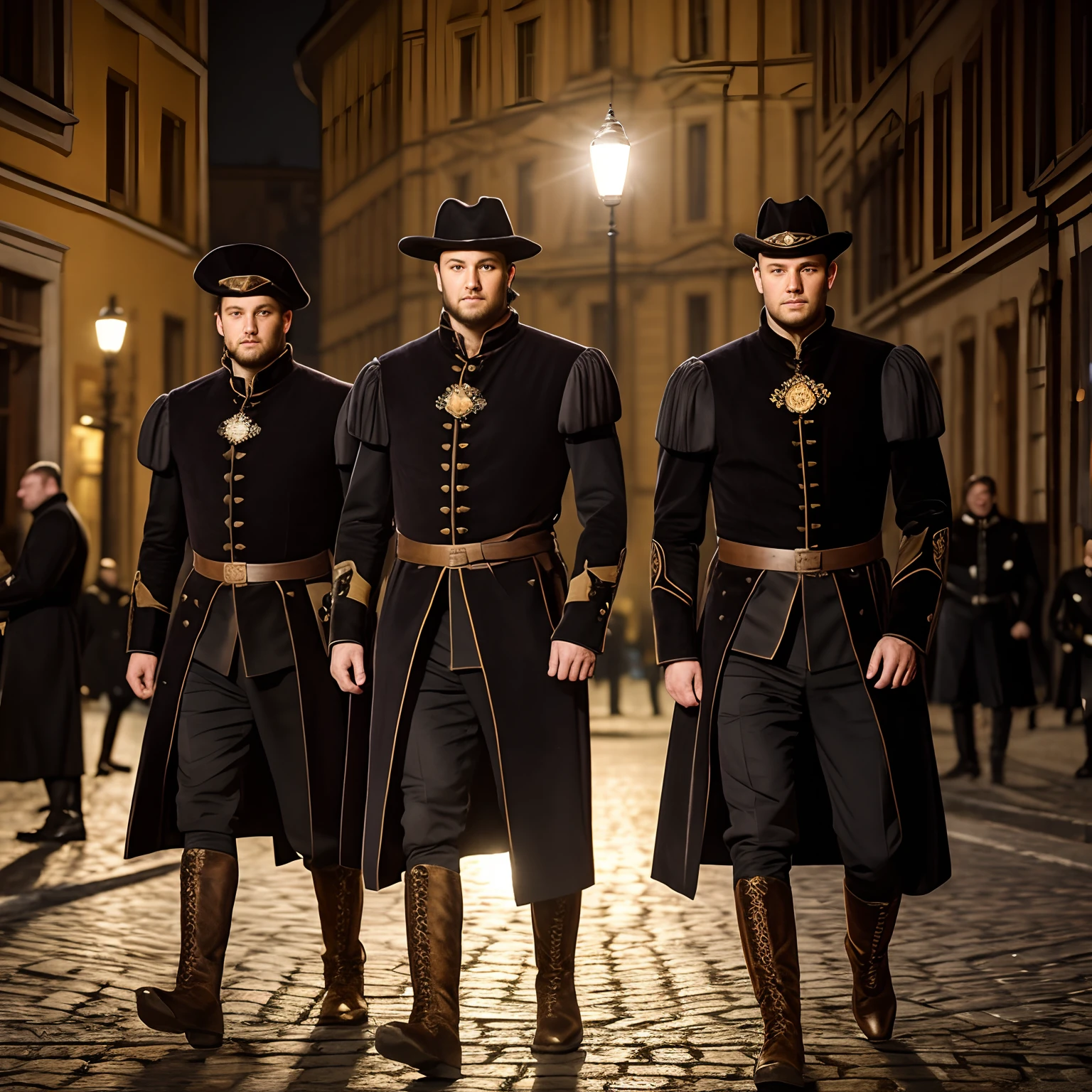 Модель
Realistic Vision V5.1
 Five men, dressed in Renaissance costumes , They stand in full growth against the backdrop of a night street , Their boots are visible , Front light , Long shadows are cast from them.