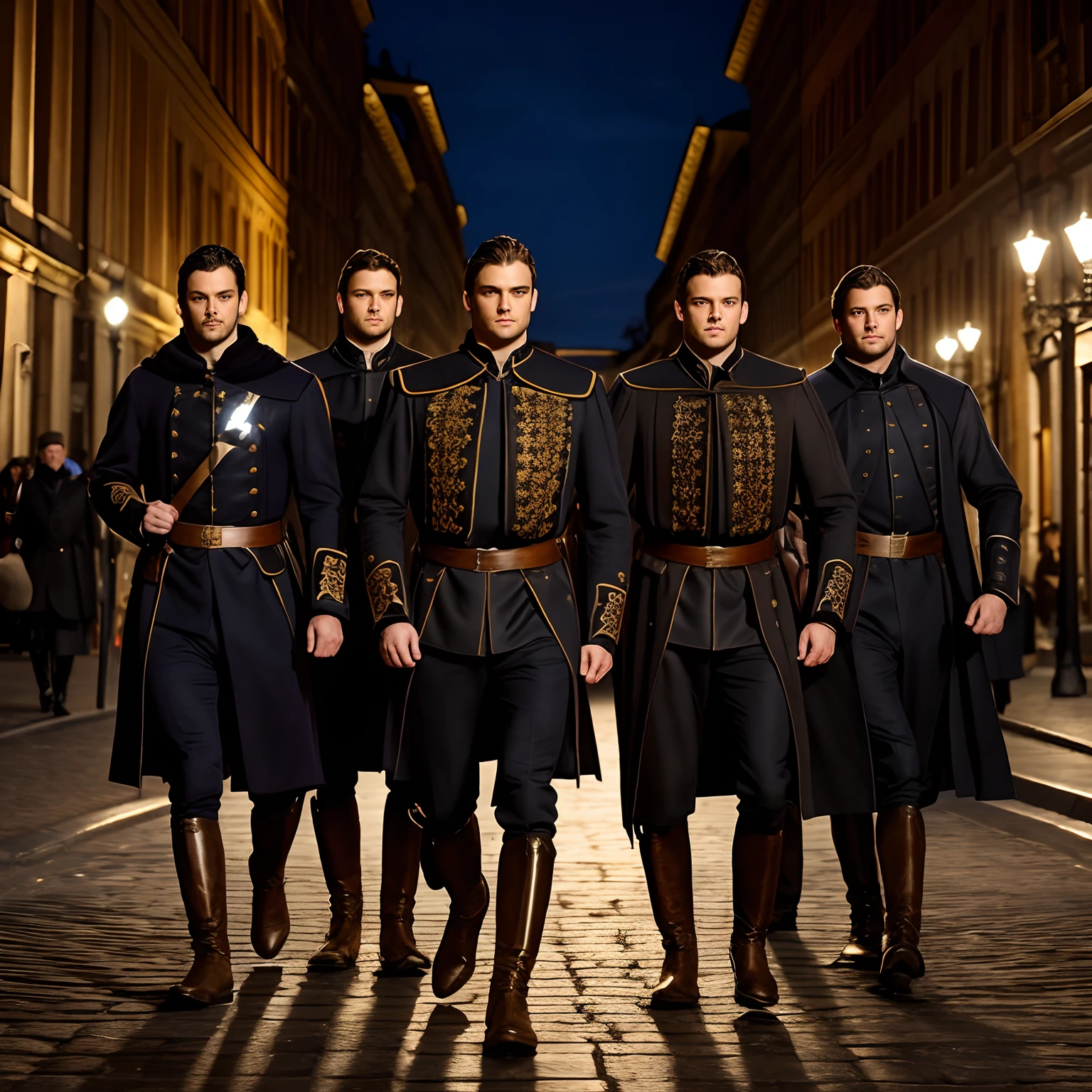 Модель
Realistic Vision V5.1
Five men, dressed in Renaissance costumes , They stand in full growth against the backdrop of a night street , Their boots are visible , Front light , Long shadows are cast from them.