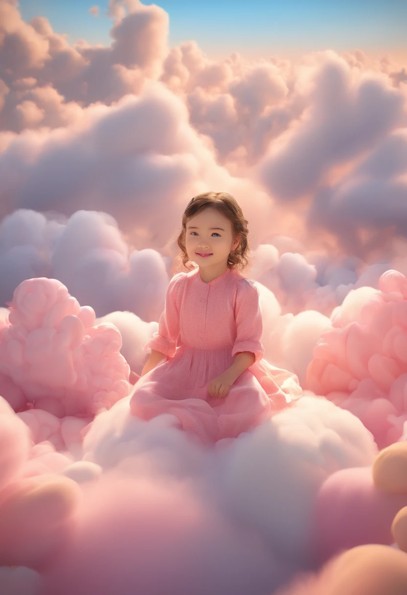 (best quality,4K,8K,high-res,masterpiece:1.2),ultra-detailed,photorealistic:1.37,a 5--old l lying on the bed-shaped clouds,(a happy face),(eyes opend), body stretched,,in the sky,colorful clouds,ethereal,soft lighting,serene scenery,tranquil ambiance,vibrant colors,hazy feeling.