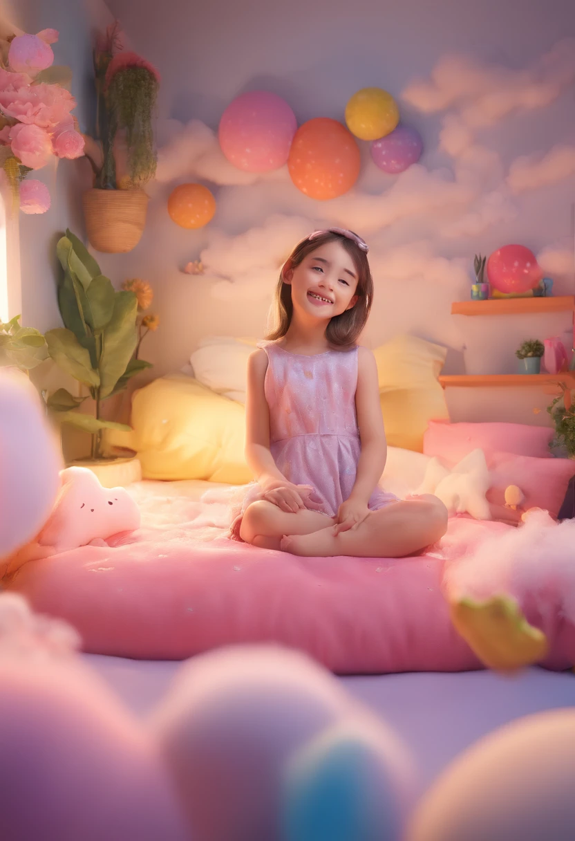 (best quality,4K,8K,high-res,masterpiece:1.2),ultra-detailed,photorealistic:1.37,a 5-year-old girl lying on the bed-shaped clouds,(a happy face),(eyes opend), body stretched,,in the sky,colorful clouds,ethereal,soft lighting,serene scenery,tranquil ambiance,vibrant colors,hazy feeling.