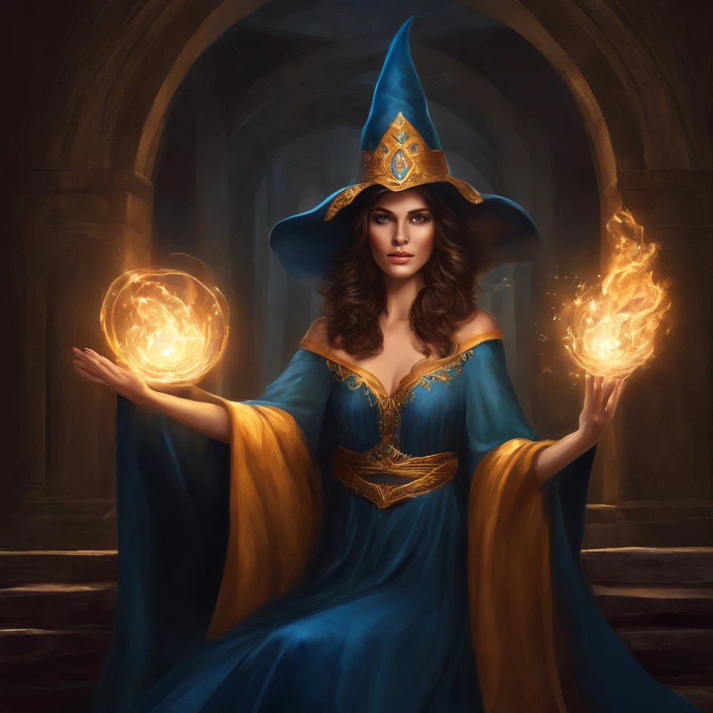 uma mulher com uma capa azul segurando uma bola brilhante, mago feminino, Retrato de um mago feminino, Female mage conjuring a spell, mago feminino!, Epic Character Wizard Girl, Arte do Jogo de Cartas de Fantasia, mago, Graphic artist Magali Villeneuve, Retrato de um Mago, feiticeira, mago da fantasia, feiticeira bonita, uma bela feiticeira