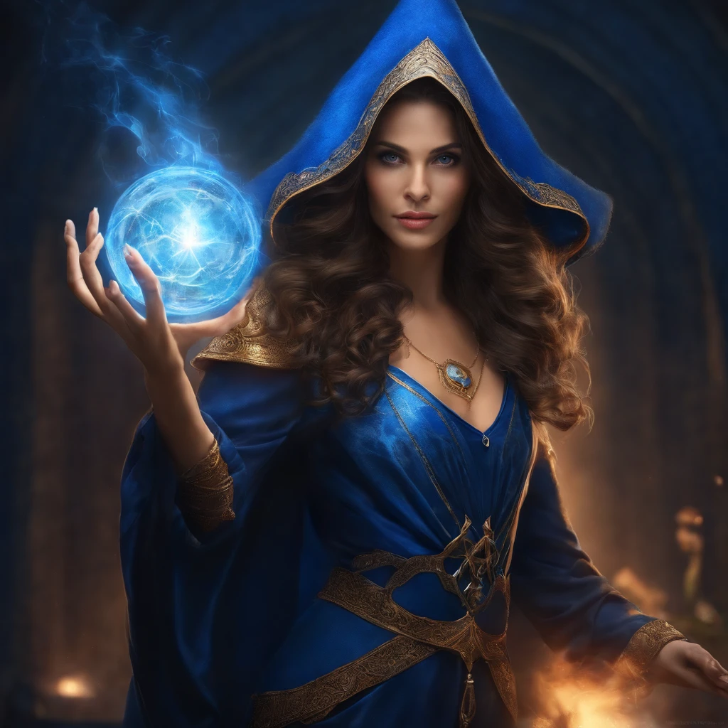 uma mulher com uma capa azul segurando uma bola brilhante, mago feminino, Retrato de um mago feminino, Female mage conjuring a spell, mago feminino!, Epic Character Wizard Girl, Arte do Jogo de Cartas de Fantasia, mago, Graphic artist Magali Villeneuve, Retrato de um Mago, feiticeira, mago da fantasia, feiticeira bonita, uma bela feiticeira