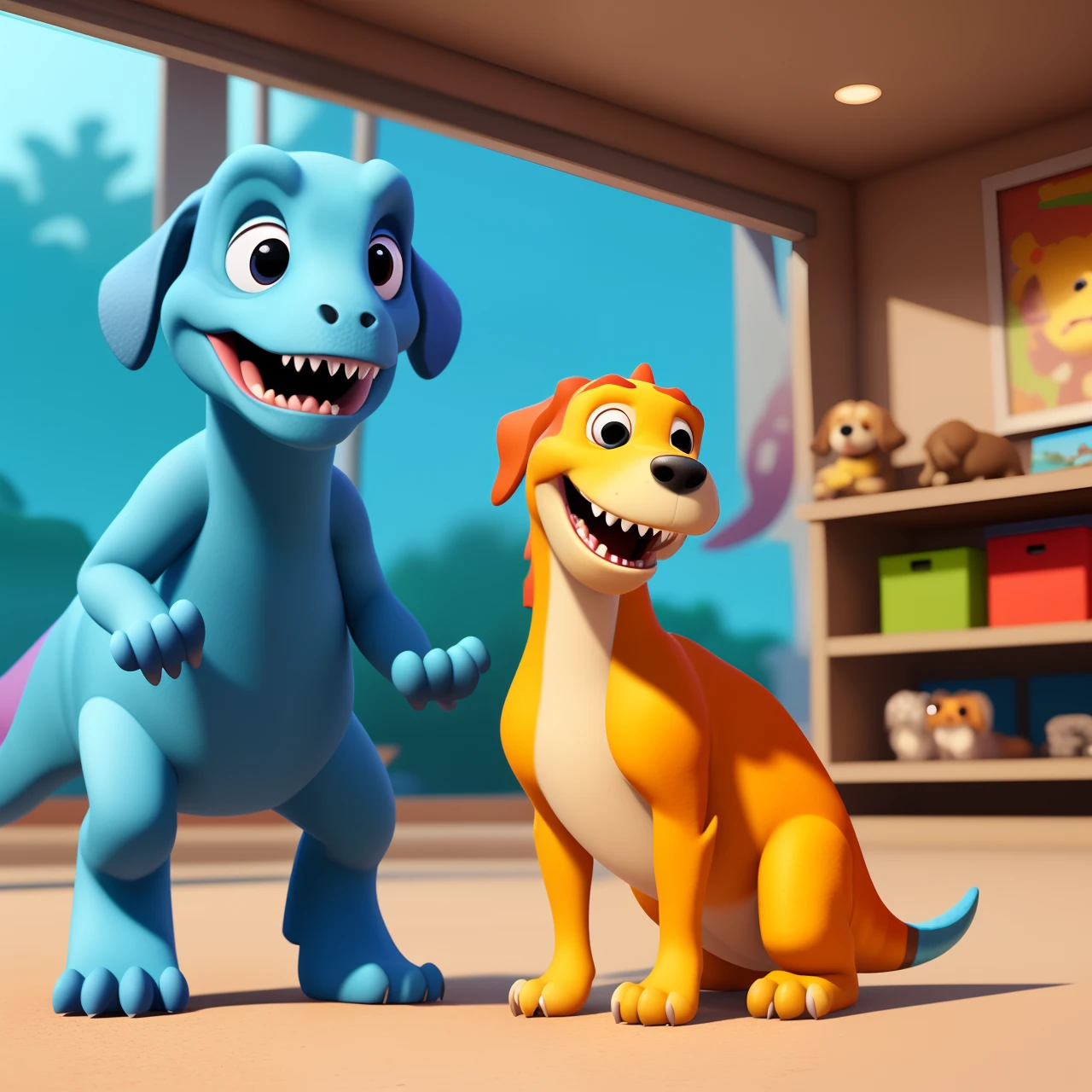 a cartoon dinosaur standing next to a dog, imaginfx, pixar art 3d, pixar render, pixar rendering, pixar 3 d animation style, naturecore, toonix character, ad image, the artist has used bright, pixar and disney 3d style, pixar animation, pixar cartoon, pixar animation style, pixar 3d render, photoreal details
