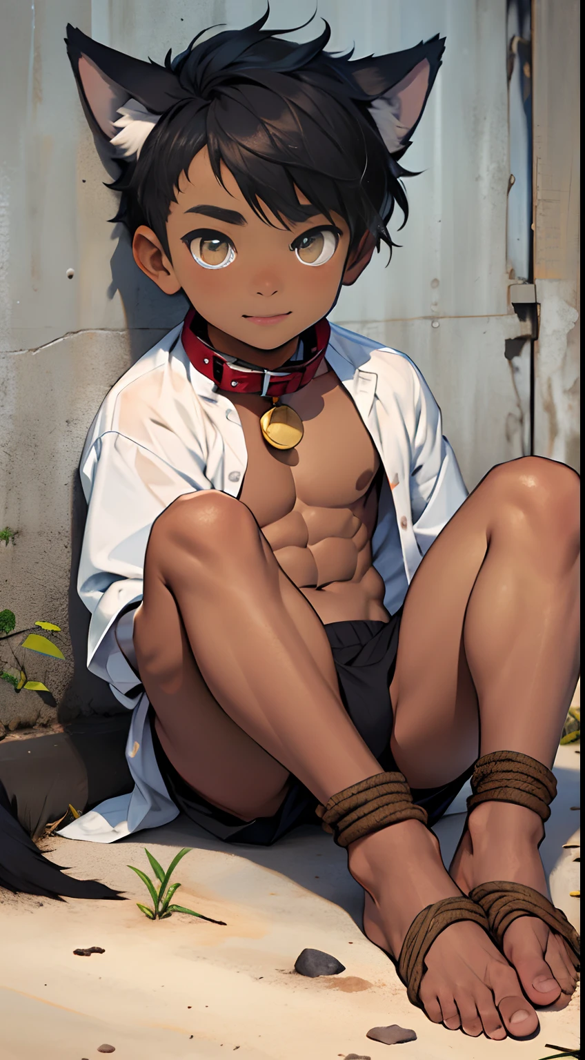 (Masterpiece, Best quality), 1 juvenile,Young boy,Keep your eyes wide open,largeeyes,a baby face, faces,The child's face,nakeness,ssmile,Black skin,White inch,Large, Sharp wolf ears,Flat chin,bare pectorals,Brush cut,The color is very light,Golden eyes, 复杂, nakeness,Clear briefs,Abs,vivd colour,(depth of fields:1.2),(Abs),Barefoot,looking at viewert,Close up,sat on the ground,Hands and feet are tied,Rope binding,Hang up,Wear a collar around your neck,bandagens,Full body photo
