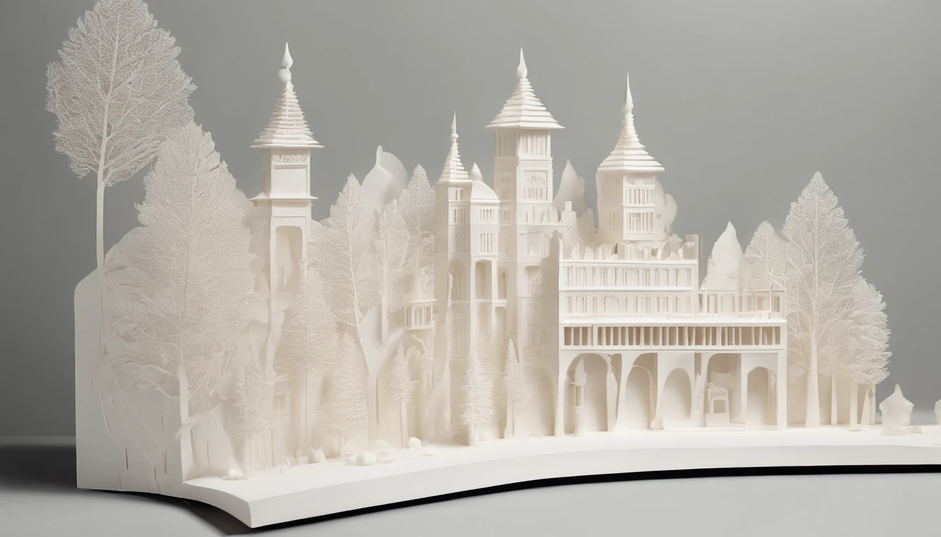 3D white pop-out wall carving of a city forrest with flying birds and trees, no object on the center, on the left side there is a torch pole, on the left side there is also a torch pole, meticulously carved, white ivory carving, minimalistic, white spaces, pastel, javanese style, blank background, multidimensional paper fog crafts, paper illustration, portrait angle view, surabaya, 8k,chick, elegant, satisfying, forrestrial, high resolution, 8k