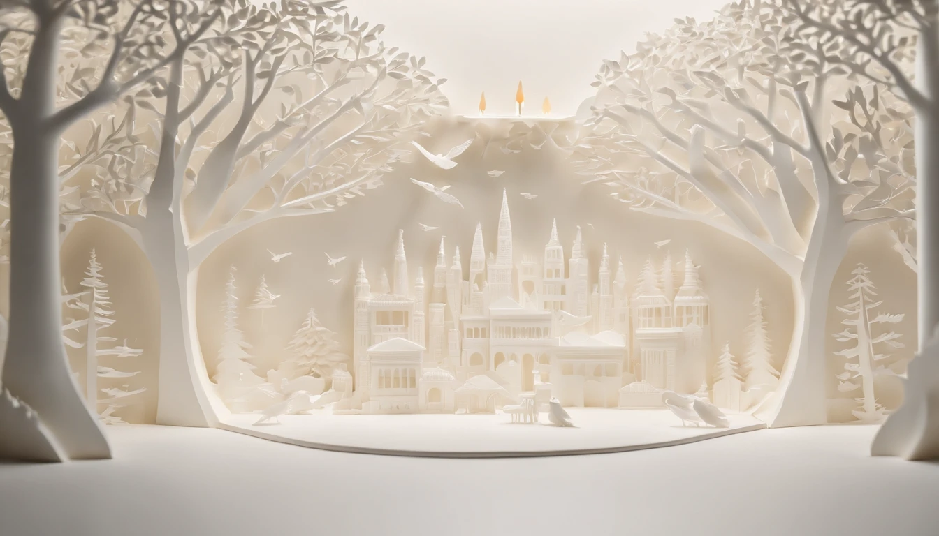 3D white pop-out wall carving of a city forrest with flying birds and trees, no object on the center, on the left side there is a torch pole, on the left side there is also a torch pole, meticulously carved, white ivory carving, minimalistic, white spaces, pastel, javanese style, blank background, multidimensional paper fog crafts, paper illustration, portrait angle view, surabaya, 8k,chick, elegant, satisfying, forrestrial, high resolution, 8k