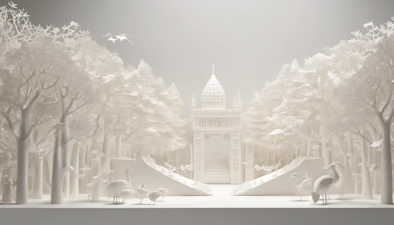 3D white pop-out wall carving of a city forrest with flying birds and trees, no object on the center, on the left side there is a torch pole, on the left side there is also a torch pole, meticulously carved, white ivory carving, minimalistic, white spaces, pastel, javanese style, blank background, multidimensional paper fog crafts, paper illustration, portrait angle view, surabaya, 8k,chick, elegant, satisfying, forrestrial, high resolution, 8k