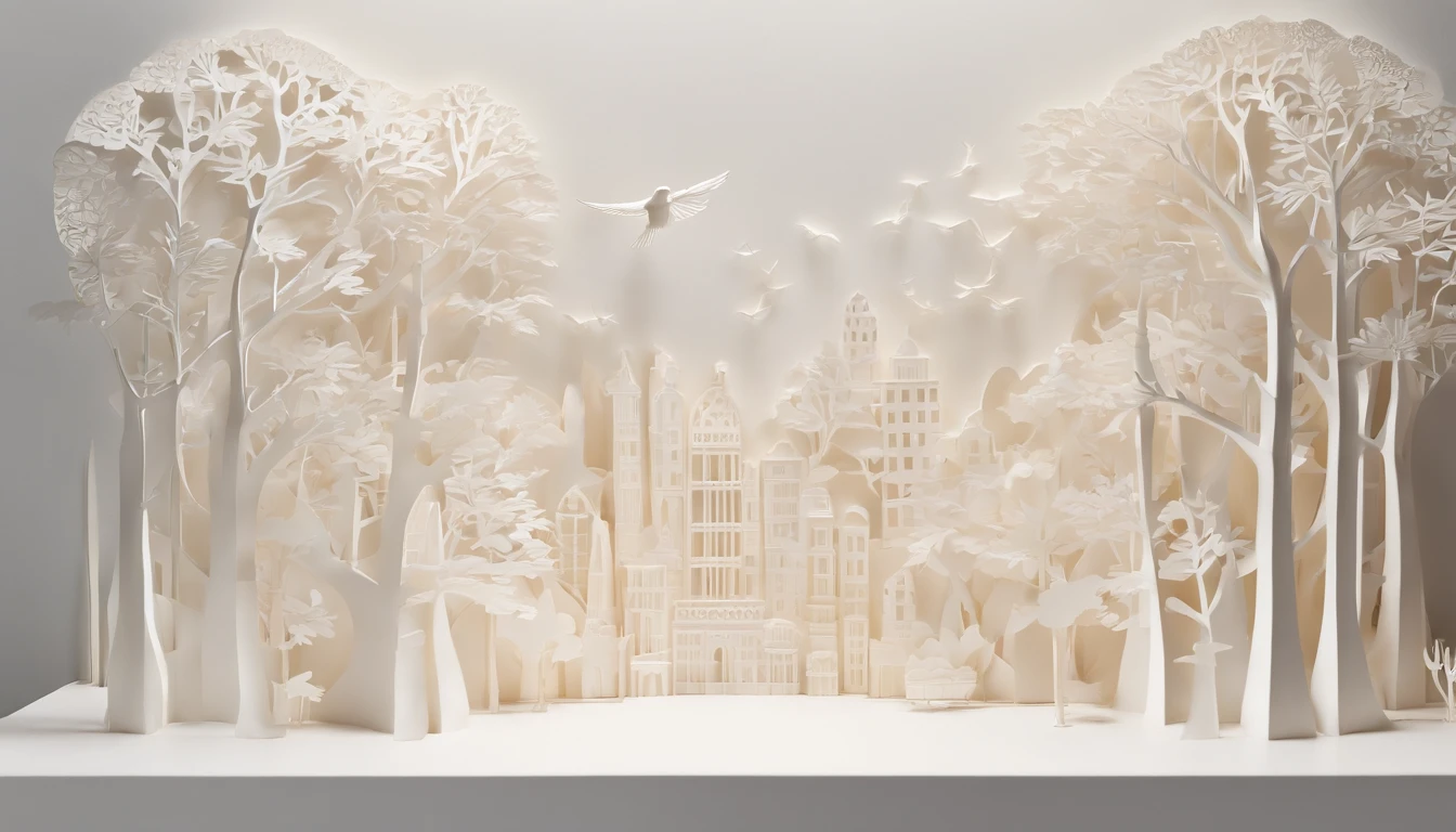 3D white pop-out wall carving of a city forrest with flying birds and trees, no object on the center, on the left side there is a torch pole, on the left side there is also a torch pole, meticulously carved, white ivory carving, minimalistic, white spaces, pastel, javanese style, blank background, multidimensional paper fog crafts, paper illustration, portrait angle view, surabaya, 8k,chick, elegant, satisfying, forrestrial, high resolution, 8k