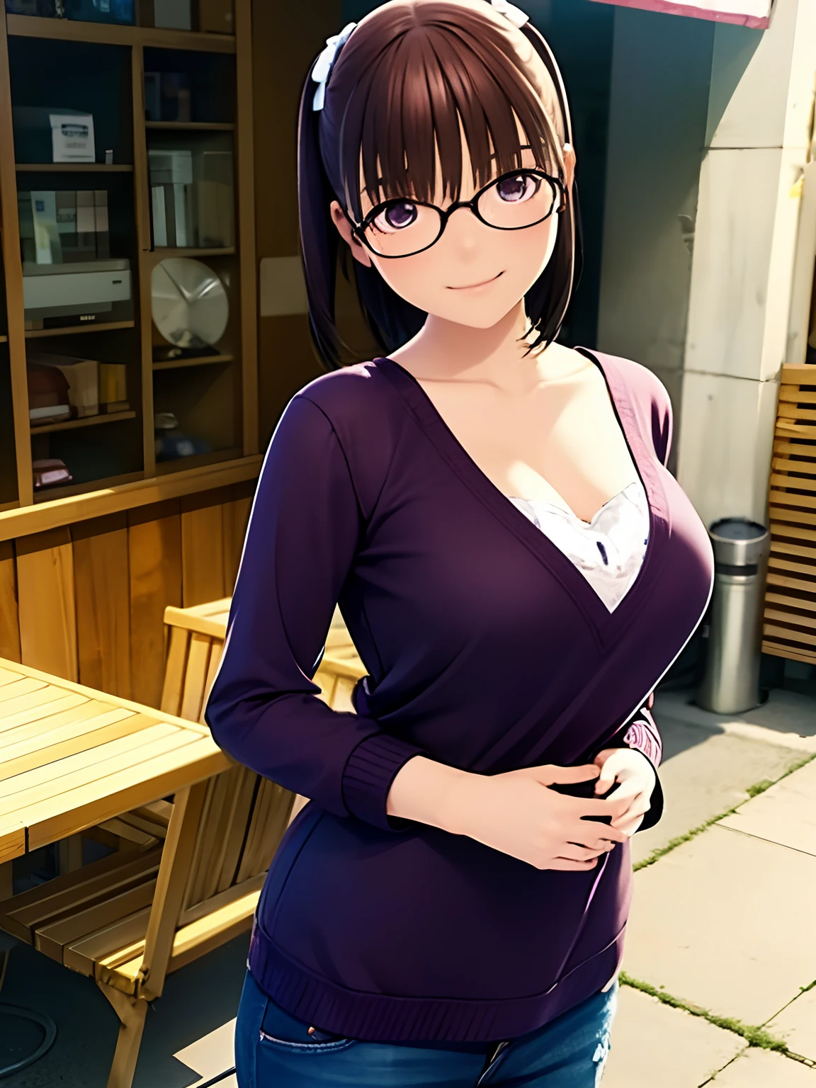 hight resolution,8K,Best Quality,detaileds,semi - realistic anime,Anime 3D Style,Smooth Anime CG,1 girl in,18-year-old woman in Japan,slim,modeled,shiny chestnut hair,Medium Hair,Detailed face,Beautiful and detailed eyes,Glowing skin,Woman with glasses、Thin frame square glasses、Light colored glasses frames,Half rim,耳Nipple Ring,A smile, autumnal,Quiet coffee shop,Girls studying,Stacked reference books