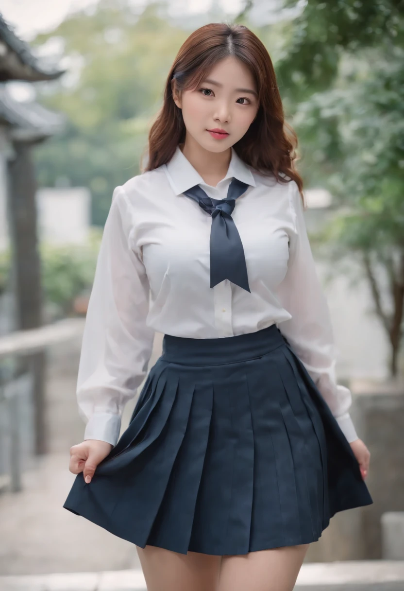 (Best quality,8K,RAW photo,realistic,high resolution:1.2),(Pretty Japanese girl),(Huge breasts, J size:1.25),(voluptuous),(school uniform,pleated skirt,white shirt, open cleavages )