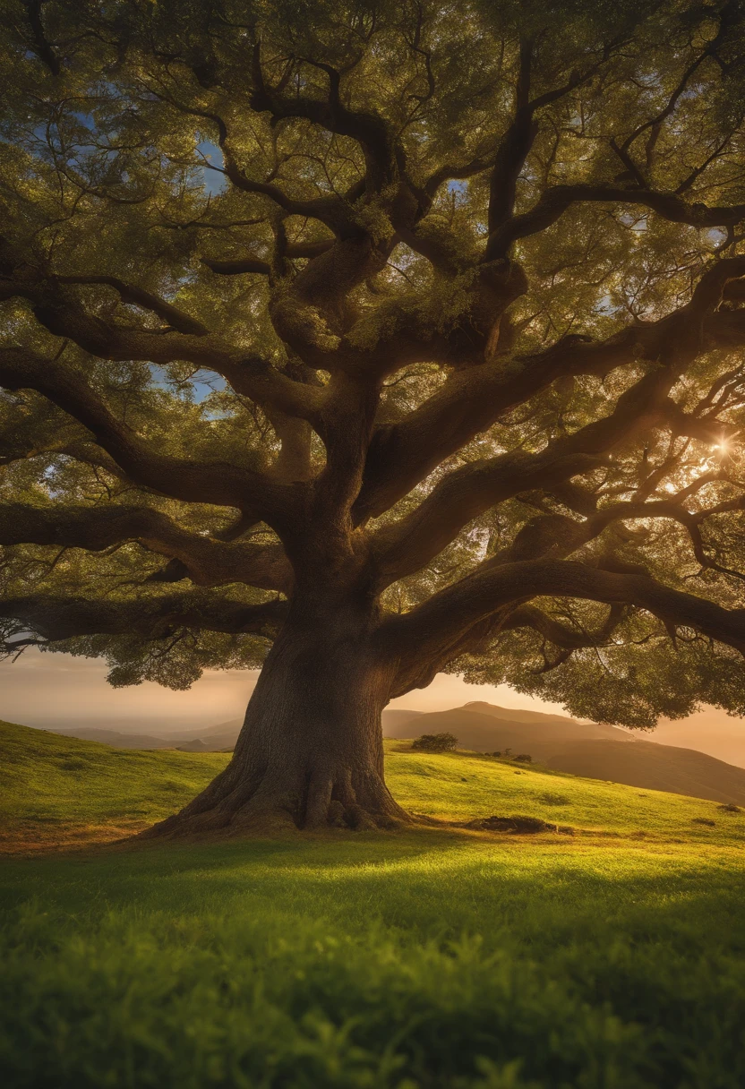 8k, 4, qualidade alta, realismo, paisagem, mar, grama, monte, animais, a large tree with apple