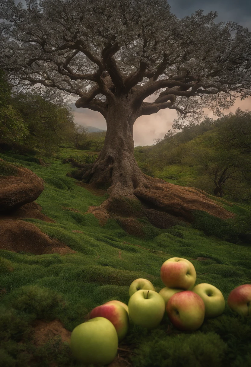 8k, 4, qualidade alta, realismo, paisagem, mar, grama, monte, animais, a large tree with apple