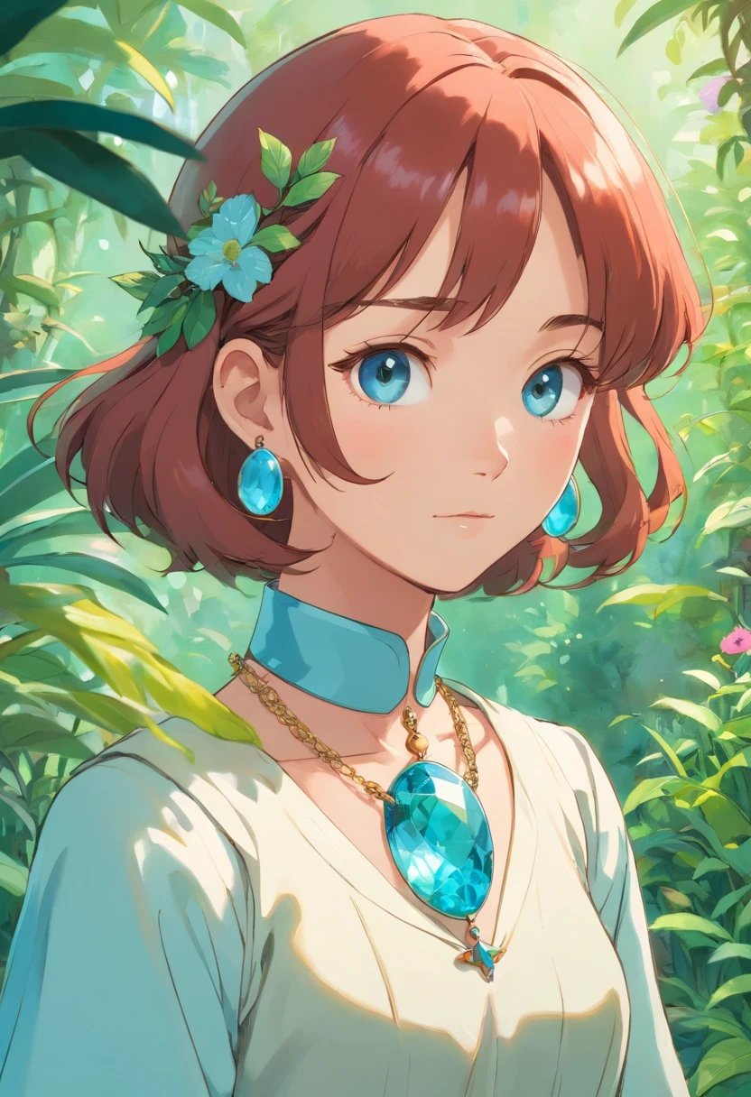 a girl wearing an anime collar, a long necklace and earrings, in the style of tranquil gardenscapes, colorful animation stills, masami teraoka, aquamarine, paul gauguin, Embry style, honest portrayal