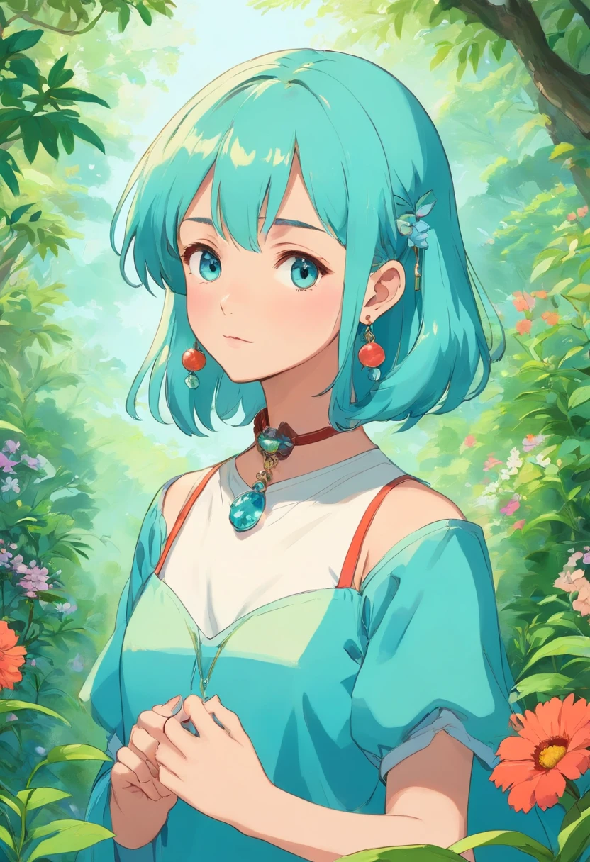 a girl wearing an anime collar, a long necklace and earrings, in the style of tranquil gardenscapes, colorful animation stills, masami teraoka, aquamarine, paul gauguin, Embry style, honest portrayal