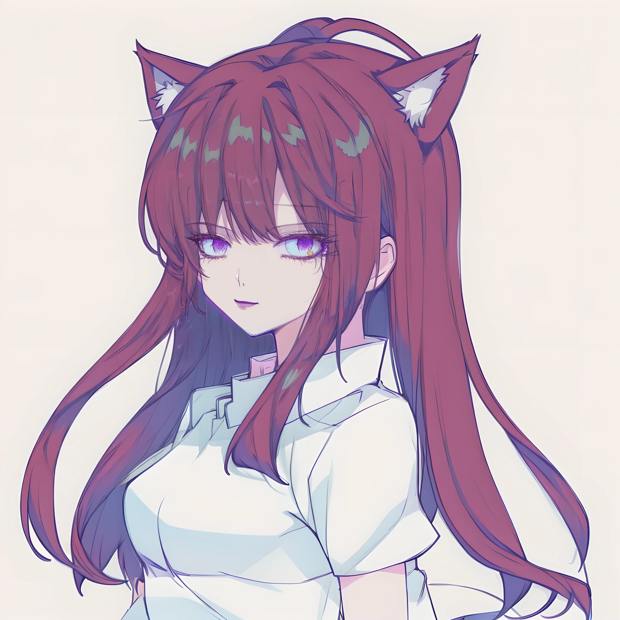 Anime girl with long purple hair and white shirt with ears, anime catgirl, flat anime style shading, Flat anime style, Anime moe art style, anime girl with cat ears, nekomimi, cute anime catgirl, White Cat Girl, Cat woman, beautiful anime catgirl, Cat girl, Holo is a wolf girl, Very beautiful anime cat girl, holograph,The clothes are brown,Hands drooping