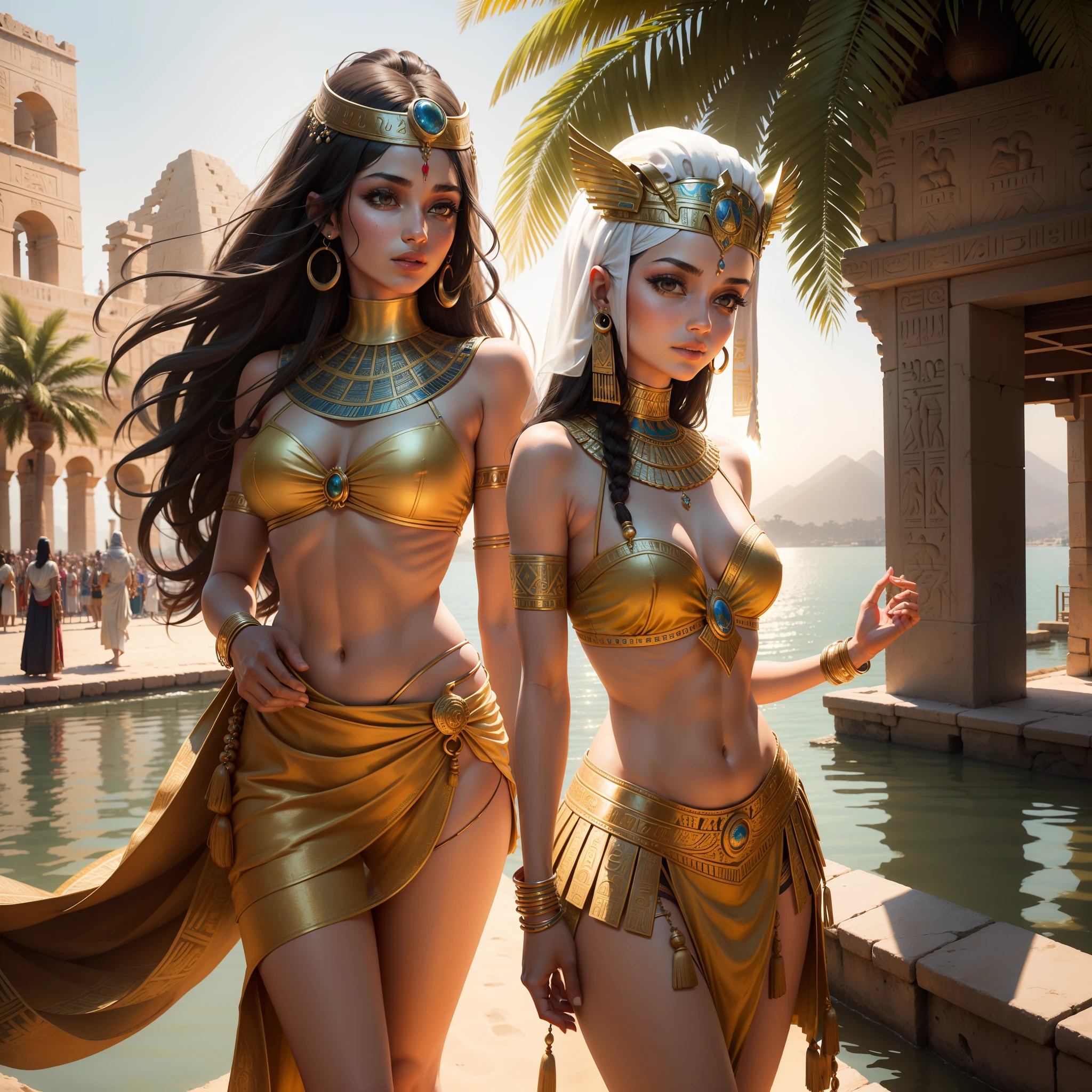 best quality,ultra-detalhado,Realistic,Ancient Egyptian scene,rio Nilo,18th dynasty,Egyptian Pharaohs,beautifully crafted hieroglyphics,arquitetura impressionante,atmosfera serena,ricos tons dourados,sunlight reflecting on the water,Majestic pyramids,Spectacular Temple Ruins,esculturas de parede elaboradas,misterioso e inspirador,Traje real extravagante,joias ornamentadas,Royal Barge sailing on the river,exquisite lotus flowers,rolos de papiro detalhados,palm trees swaying in the breeze,dunas de areia que se estendem ao longe,admiring crowds of people,Margem do rio movimentada com atividade,Ramesses II,Rainha Nefertari,graceful dancers,Lively music and celebrations,Mystical Connection to the Past,Immersive time travel experience