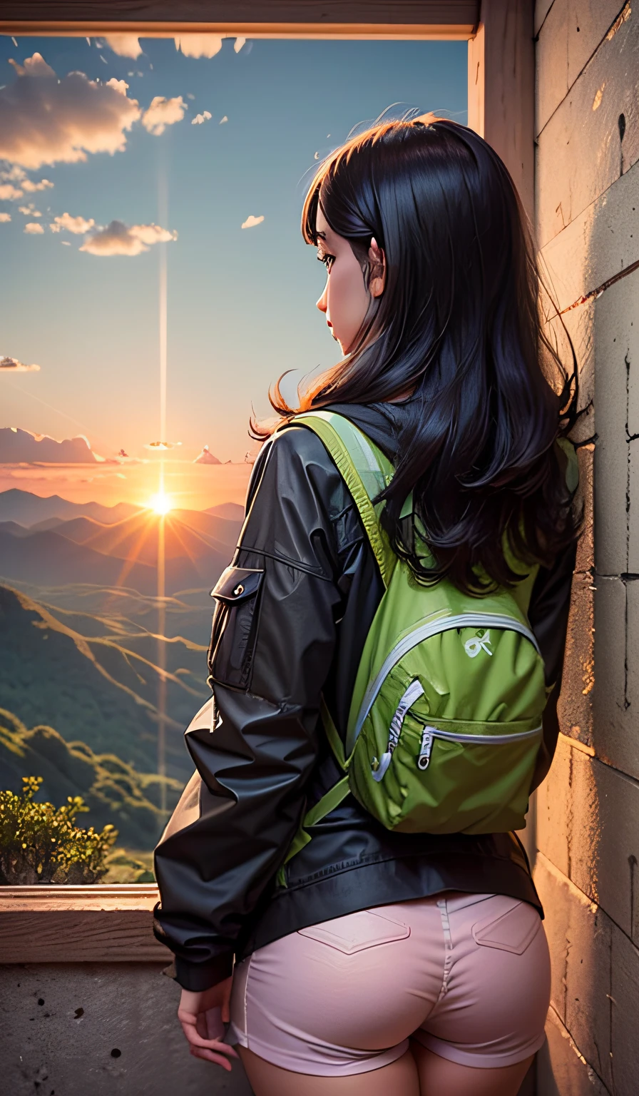 Hiking and Realistic Adventure with a Brunette Girl, with Medium-Length Black Hair. The girl is wearing hiking attire, facing away, observing the landscape and sunset