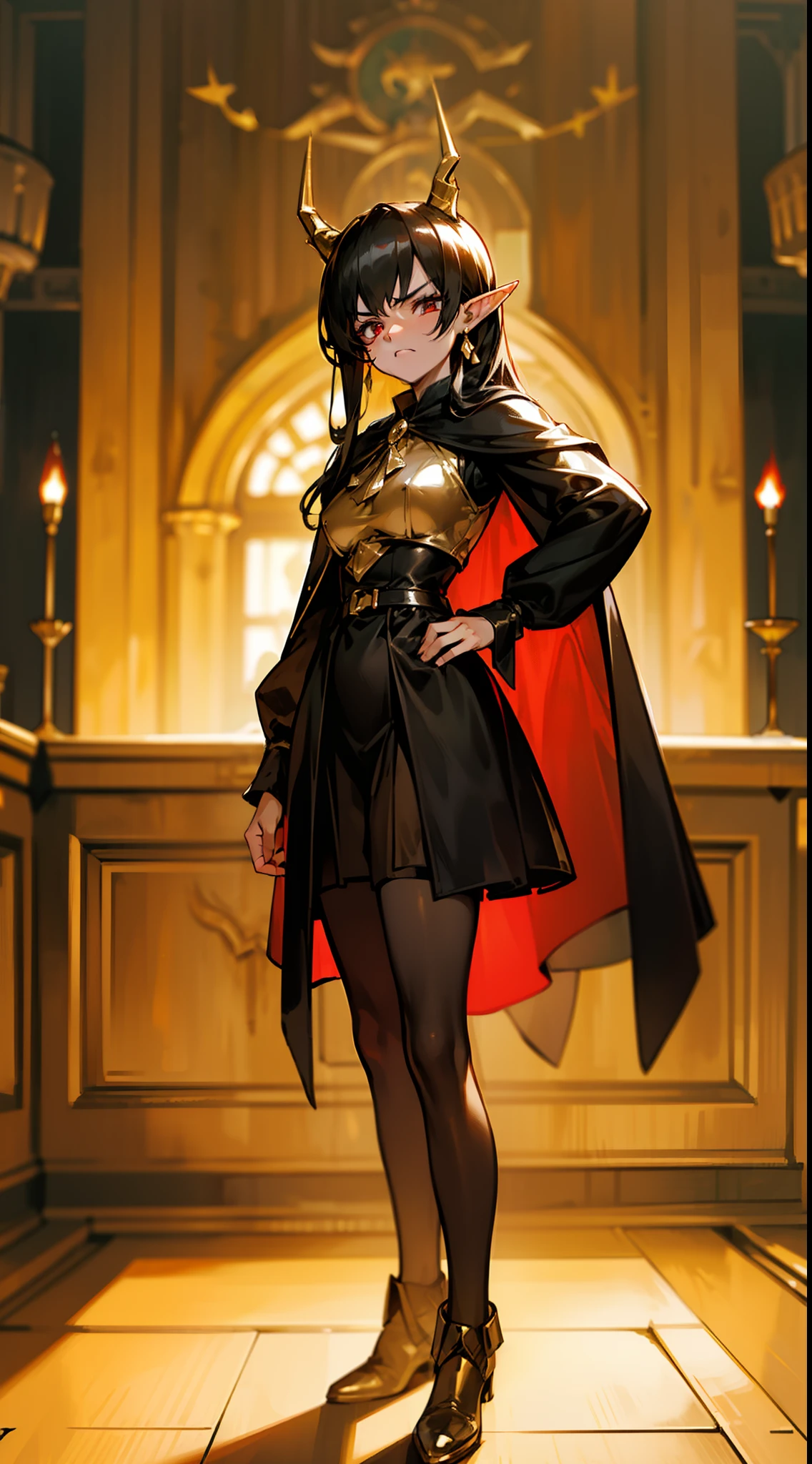 1woman,40s,solo,angry face,golden and black short dress,black skirt,medium tits,black hair,long hair,red eyes,elves ears,golden horns,pantyhose,cape,(((standing in front of a room inside a castle)))