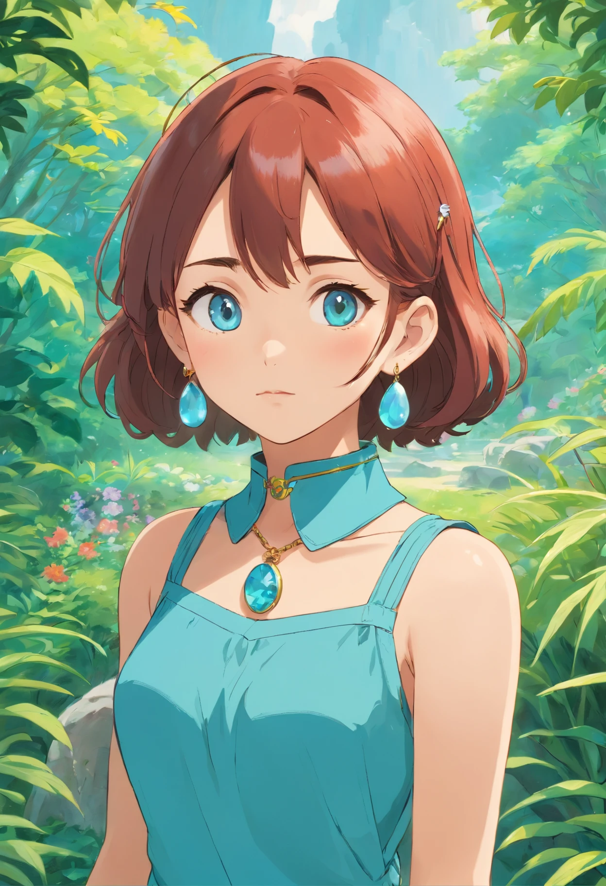 a girl wearing an anime collar, a long necklace and earrings, in the style of tranquil gardenscapes, colorful animation stills, masami teraoka, aquamarine, paul gauguin, Embry style, honest portrayal