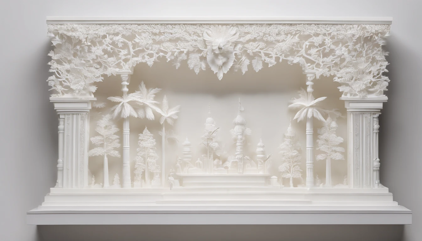 3D white pop-out wall carving, no object on the center, on the left side there is a torch pole, on the left side there is also a torch pole, meticulously carved, white ivory carving, minimalistic, white spaces, pastel, javanese style, blank background, multidimensional paper fog crafts, paper illustration, portrait angle view, surabaya, 8k,chick, elegant, satisfying, forrestrial, high resolution, 8k