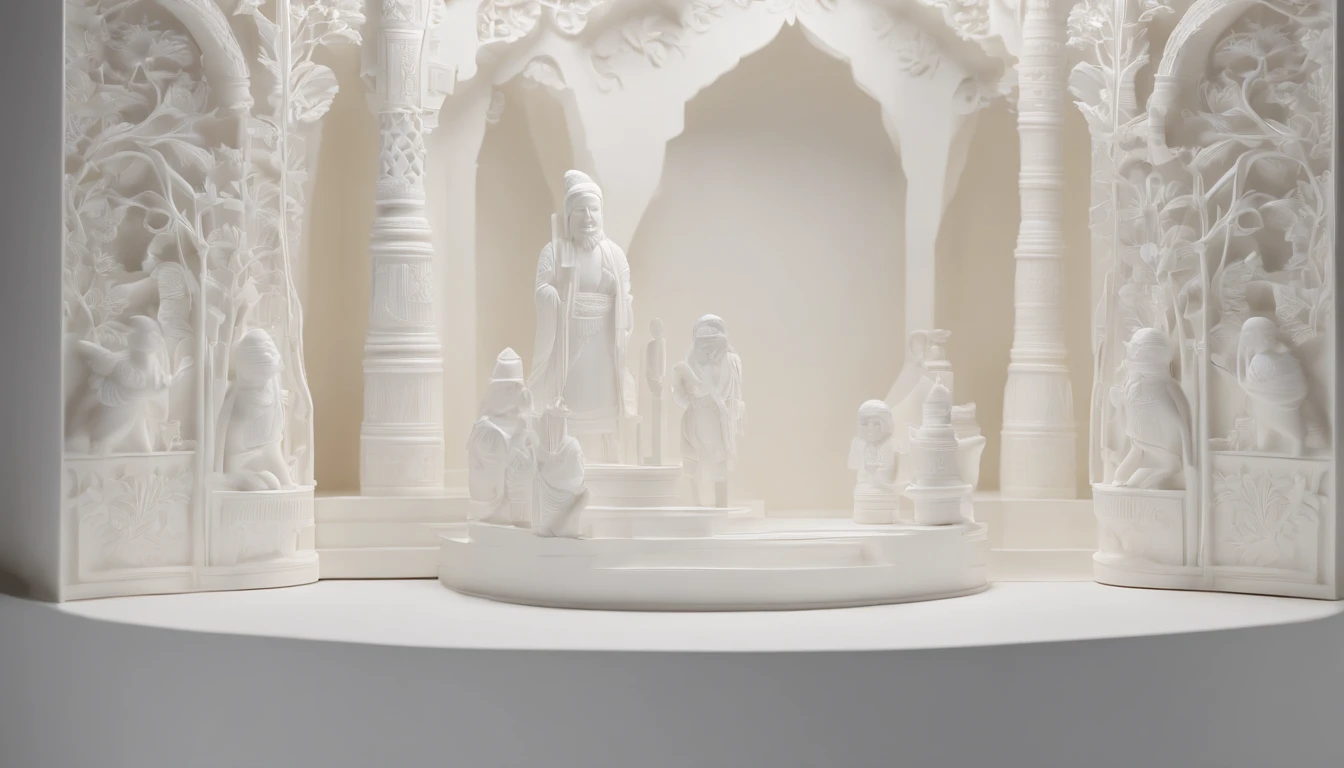 3D white pop-out wall carving, no object on the center, on the left side there is a torch pole, on the left side there is also a torch pole, meticulously carved, white ivory carving, minimalistic, white spaces, pastel, javanese style, blank background, multidimensional paper fog crafts, paper illustration, portrait angle view, surabaya, 8k,chick, elegant, satisfying, forrestrial, high resolution, 8k