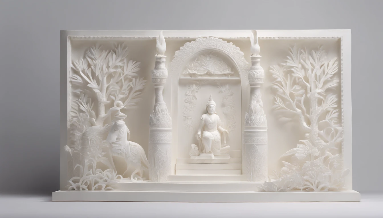 3D white pop-out wall carving, no object on the center, on the left side there is a torch pole, on the left side there is also a torch pole, meticulously carved, white ivory carving, minimalistic, white spaces, pastel, javanese style, blank background, multidimensional paper fog crafts, paper illustration, portrait angle view, surabaya, 8k,chick, elegant, satisfying, forrestrial, high resolution, 8k
