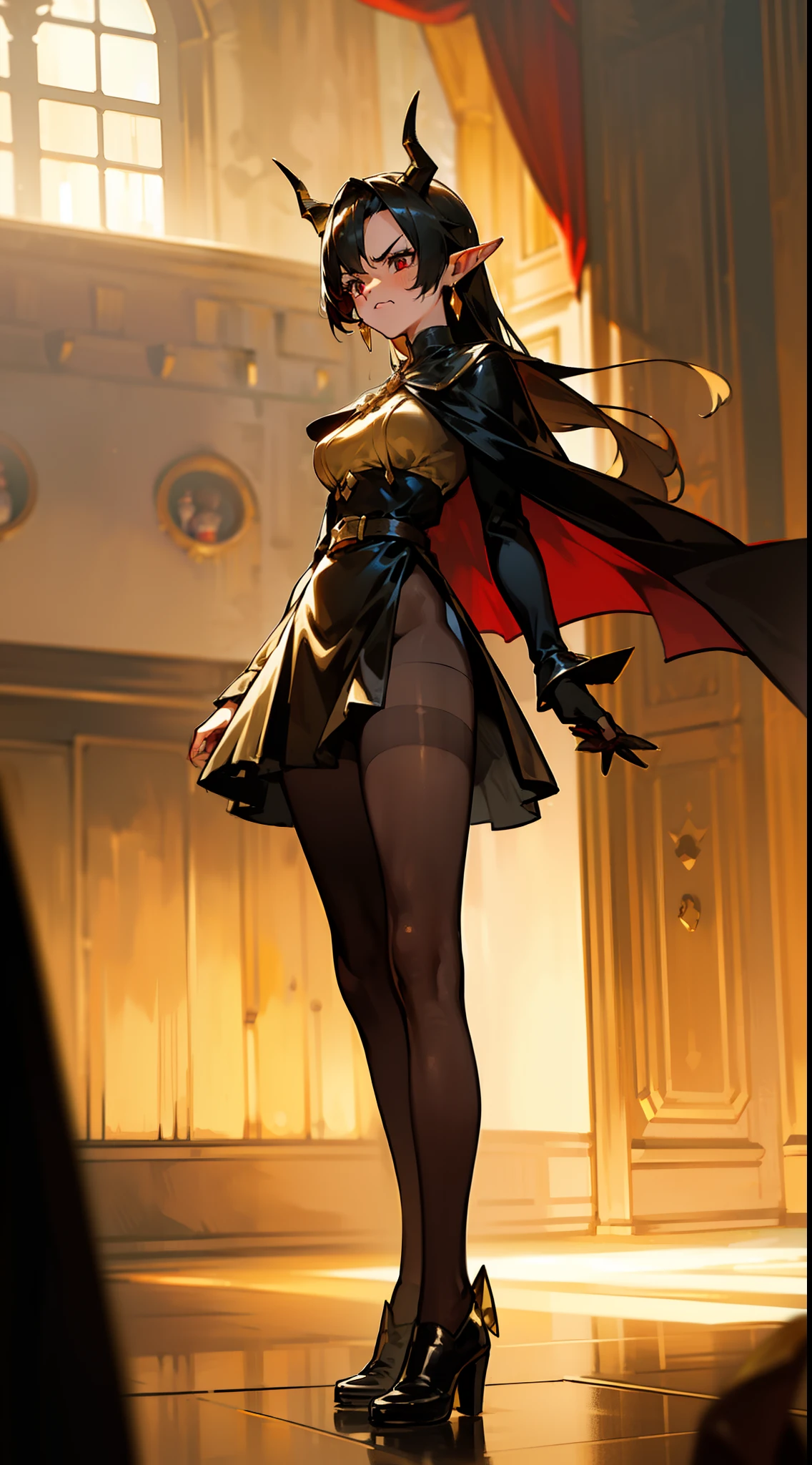 1woman,40s,solo,angry face,golden and black short dress,black skirt,medium tits,black hair,long hair,red eyes,elves ears,golden horns,pantyhose,cape,(((standing in front of a room inside a castle)))