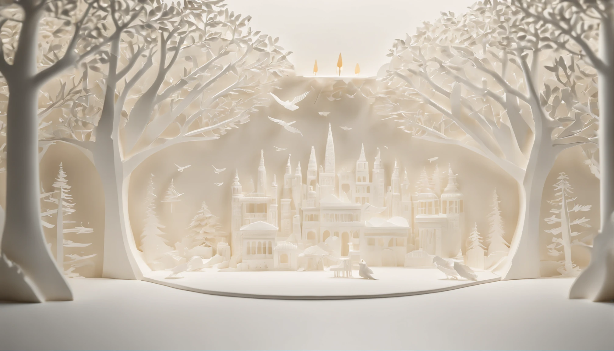 3D white pop-out wall carving of a city forrest with flying birds and trees, no object on the center, on the left side there is a torch pole, on the left side there is also a torch pole, meticulously carved, white ivory carving, minimalistic, white spaces, pastel, javanese style, blank background, multidimensional paper fog crafts, paper illustration, portrait angle view, surabaya, 8k,chick, elegant, satisfying, forrestrial, high resolution, 8k