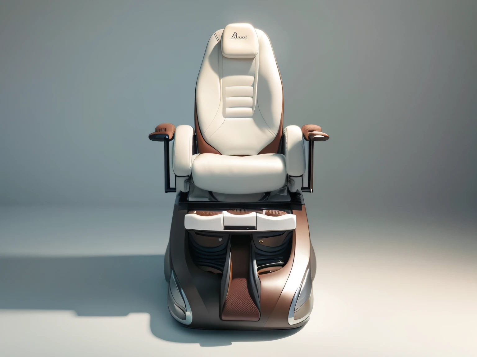 There is a pedicure massage chair that is sitting on a chair with a footrest, product design render, 3D product render, futuristic furniture, futuristic design, 3D hard surface design, luxury furniture, furniture design, furniture design art deco, luxurious, 3D product, 3dsmax, by Aleksander Kotsis, seated in royal ease. A pedicure massage chair is made up of two main parts: the recliner and the base. The recliner is made from a thin mattress back and armrests, rush brown leather, The armrests are used to rest the arms, the armrests are for nail polish, {{and the armrests have a hole cup for wine on the side tray]}. The base includes the base frame for the chair the sink and the footrest for the pedicure, The sink is frosty resin material